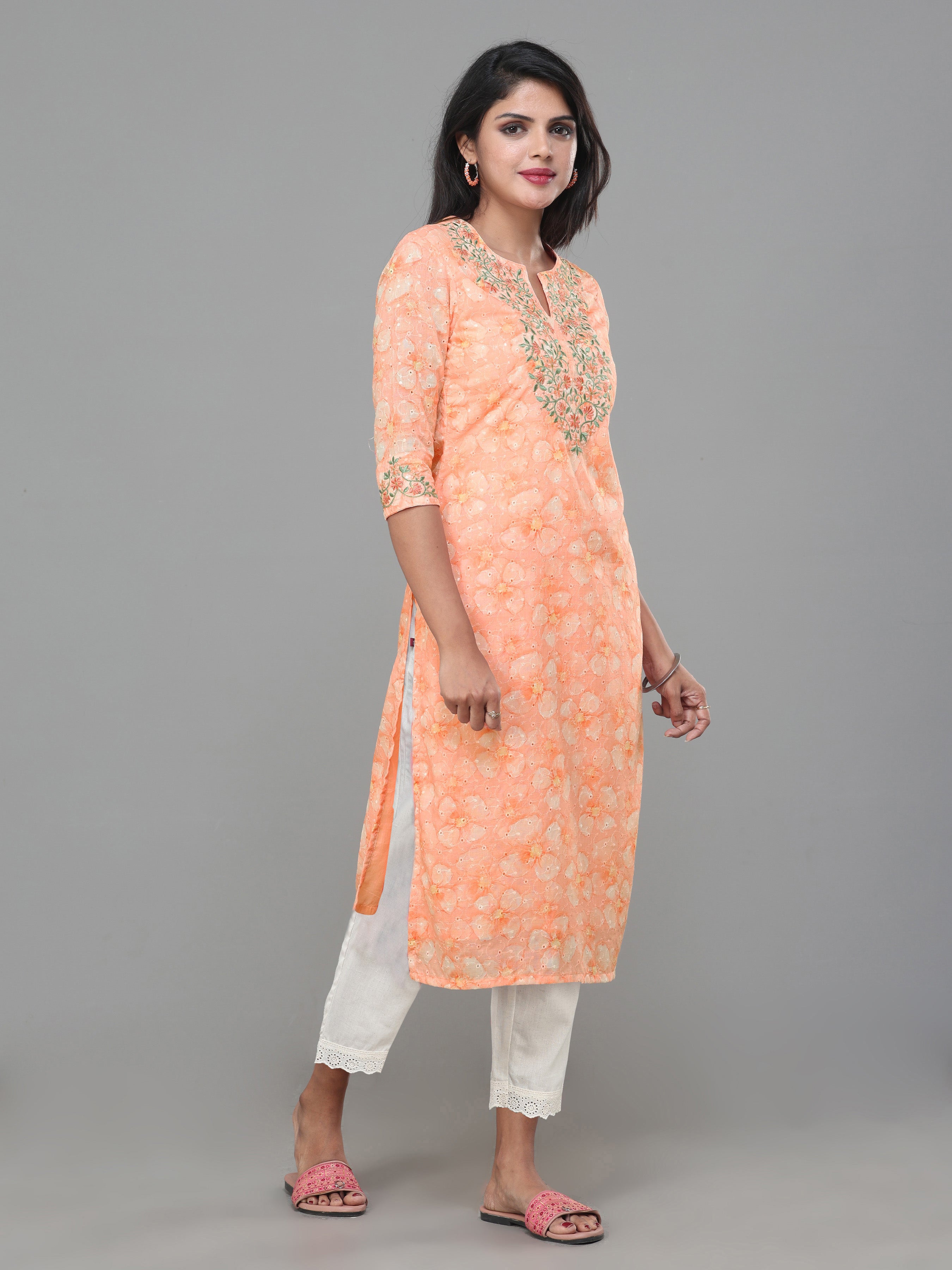 Rust Orange Cotton Schiffli Printed Kurti With Embroidery And Matching Bottom