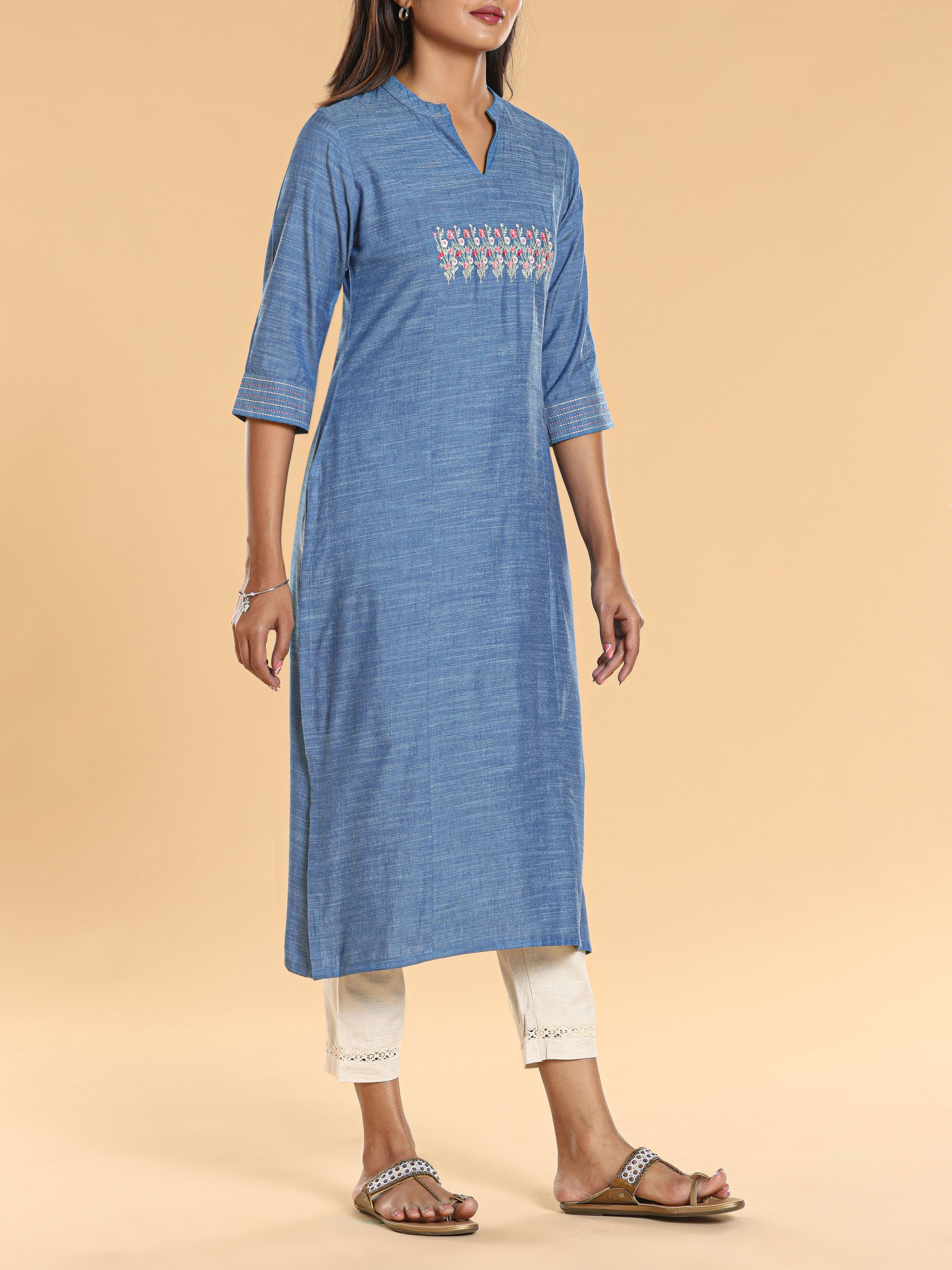 Women Wearing Denim Blue Viscose Cotton Kurti With Embroidery