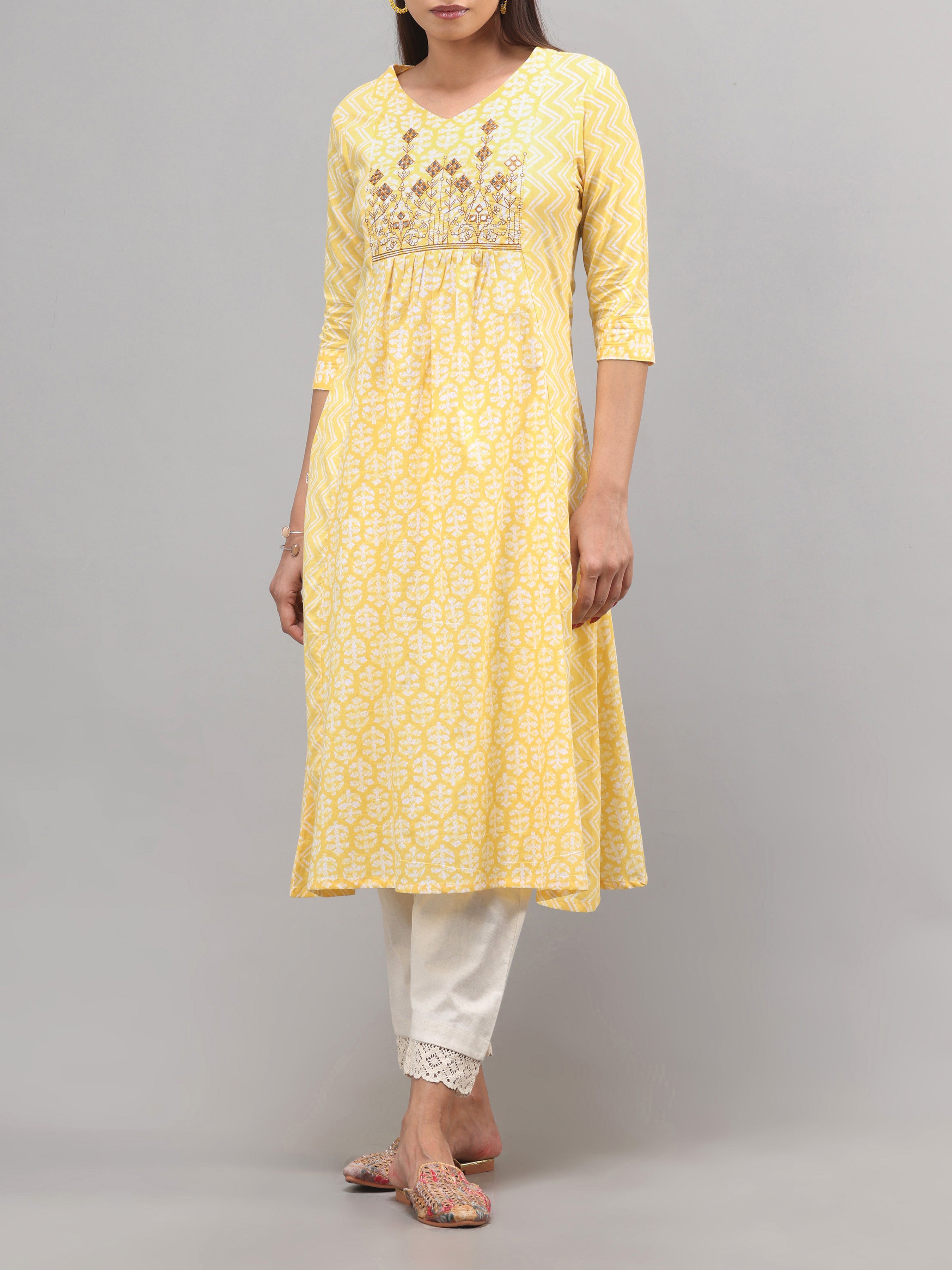 Yellow Pure Cotton Printed Kurti With Embroidery