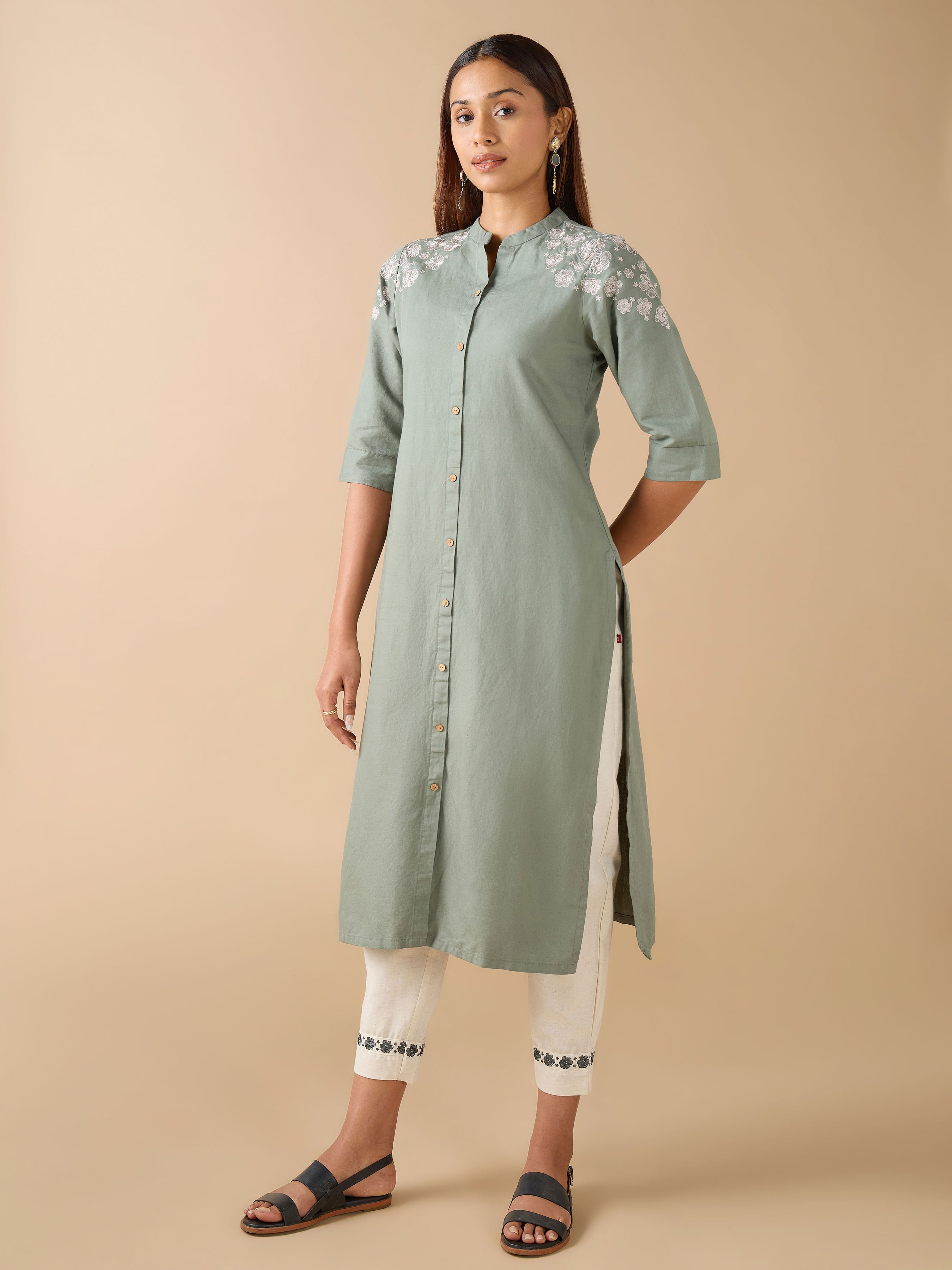 Sage Green Cotton Linen Plain Kurti With Embroidery And Matching Bottom