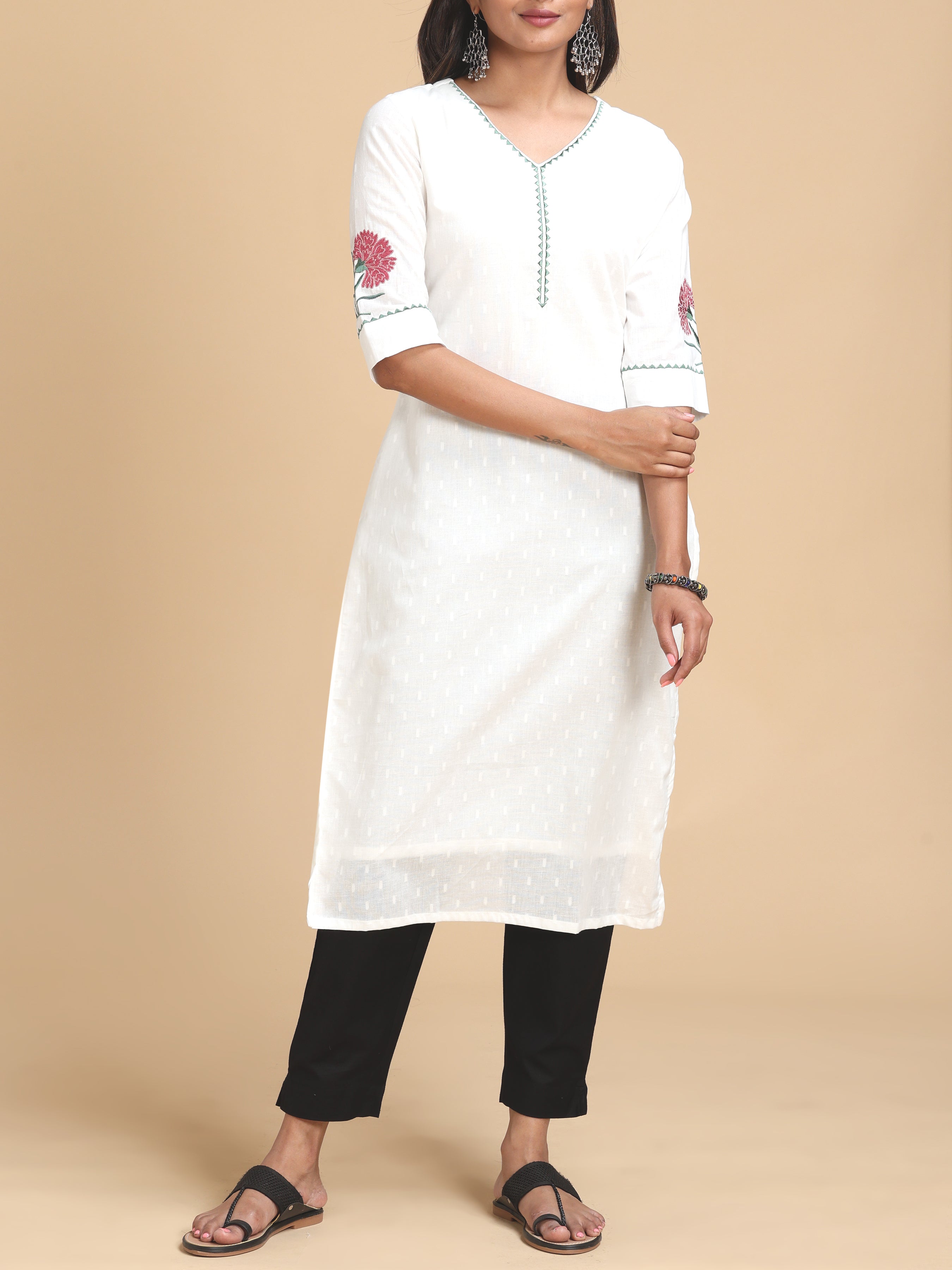 White Cotton Dobby Kurti With Embroidery