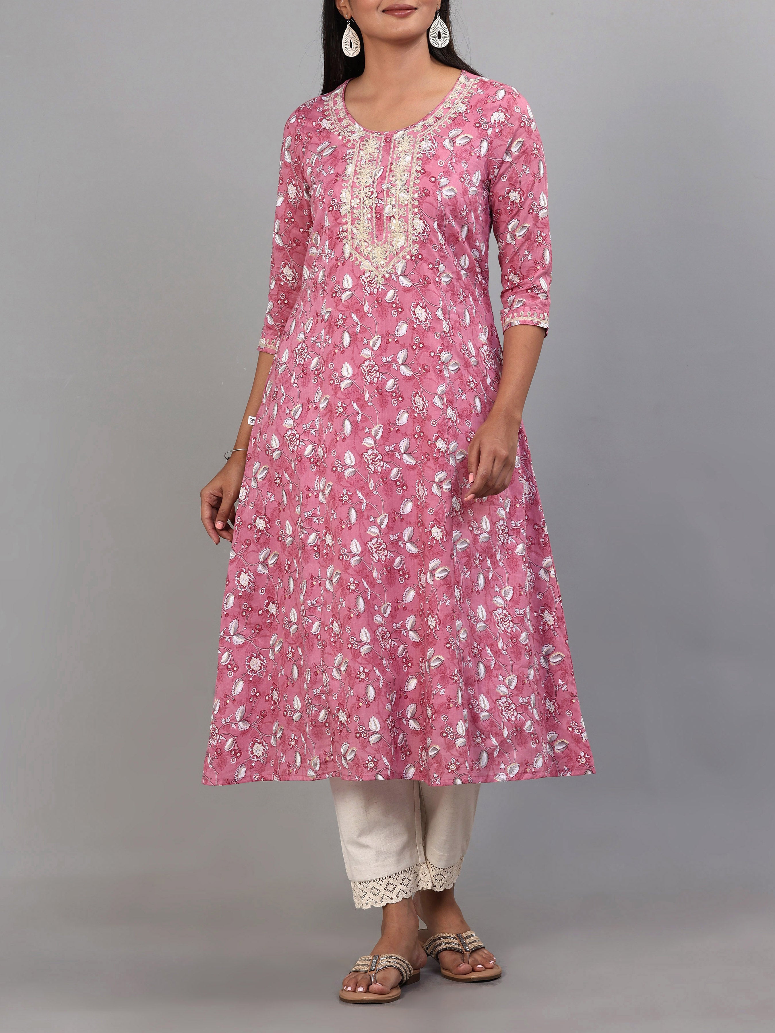 Onion Pink Pure Cotton Printed Kurti With Embroidery