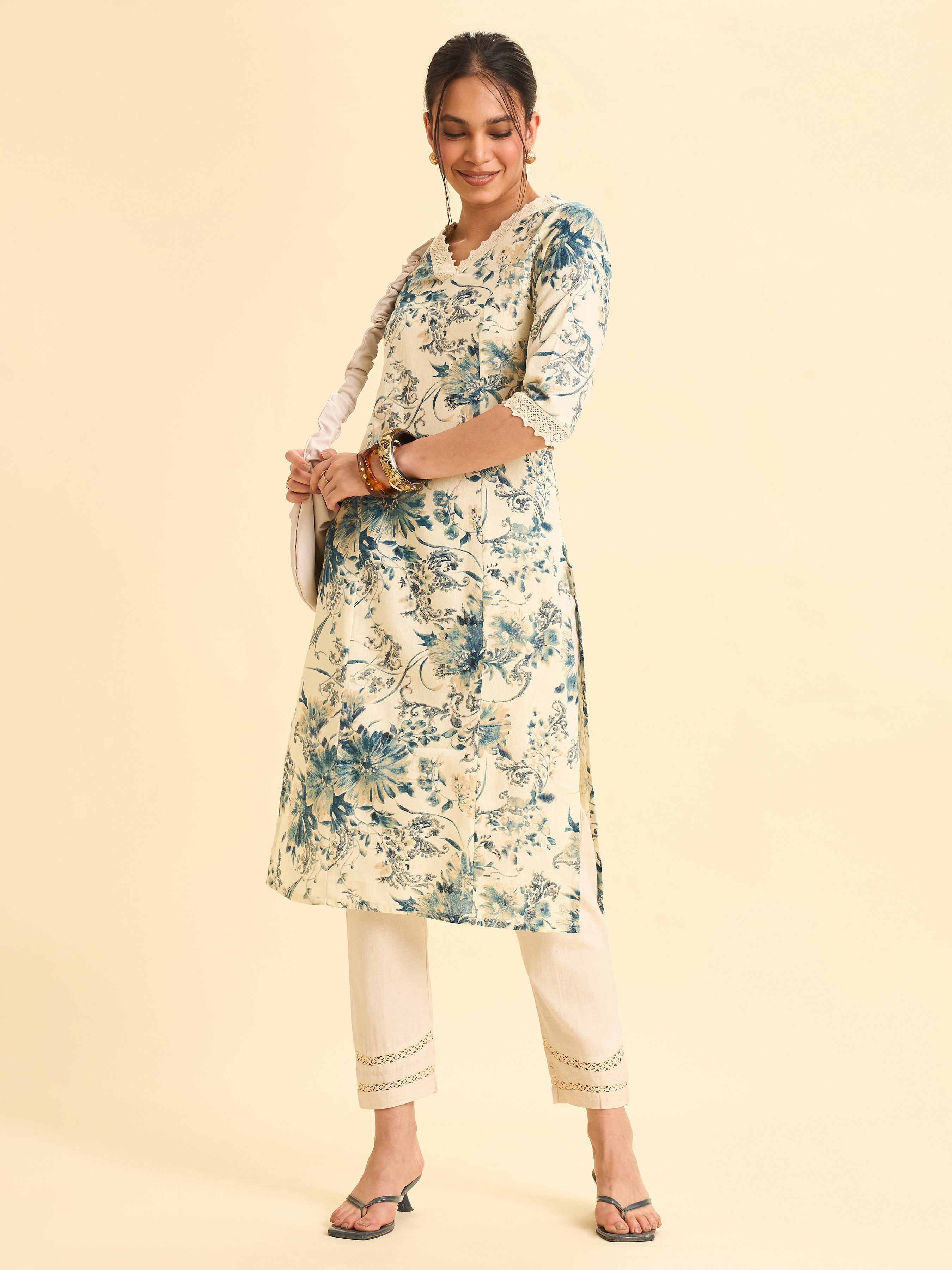 Ivory And Blue Cotton Flax Printed Kurti With Lace