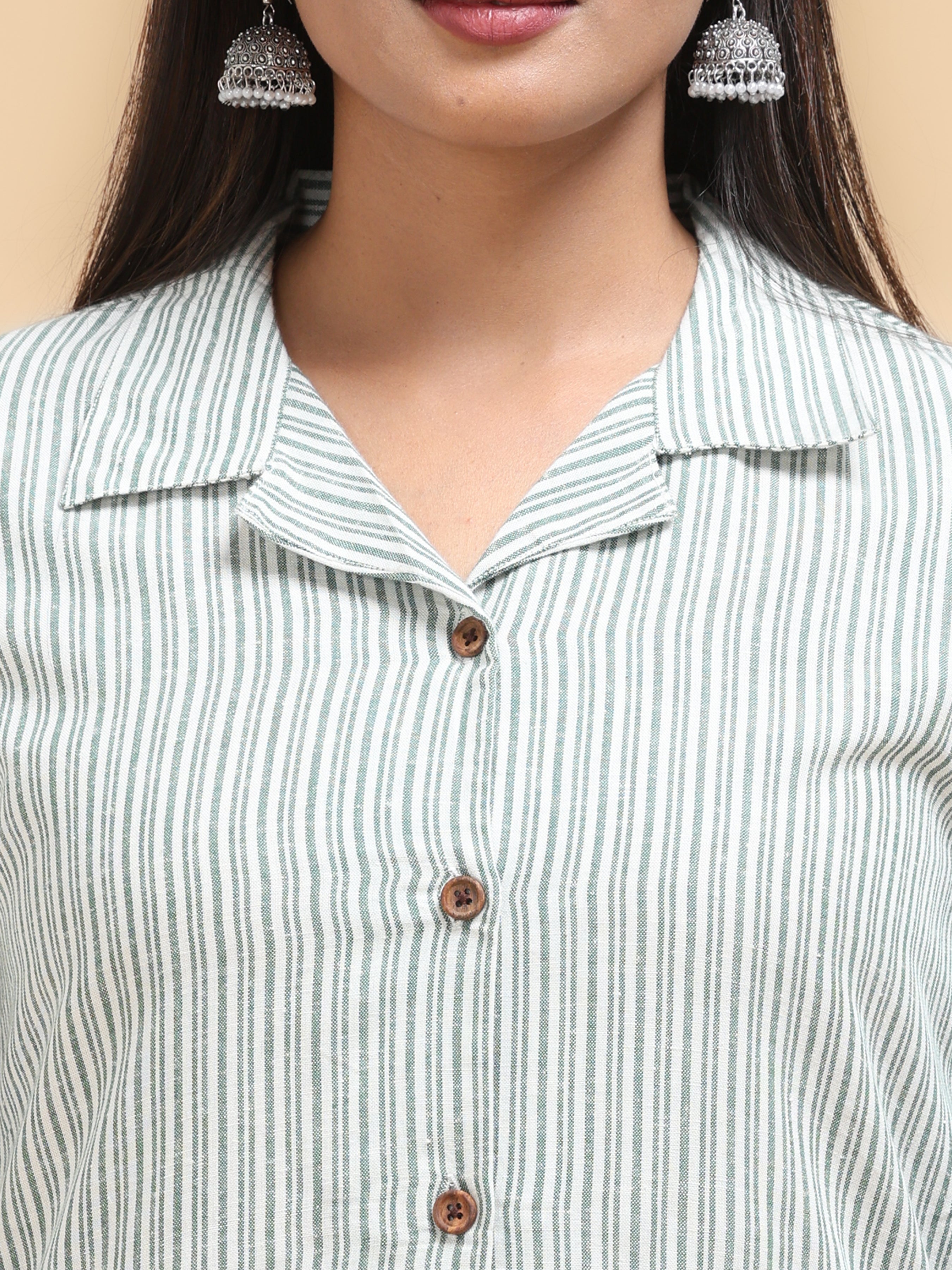 Multi-Colour Cotton Stripe Printed Kurti With Shirt Collar