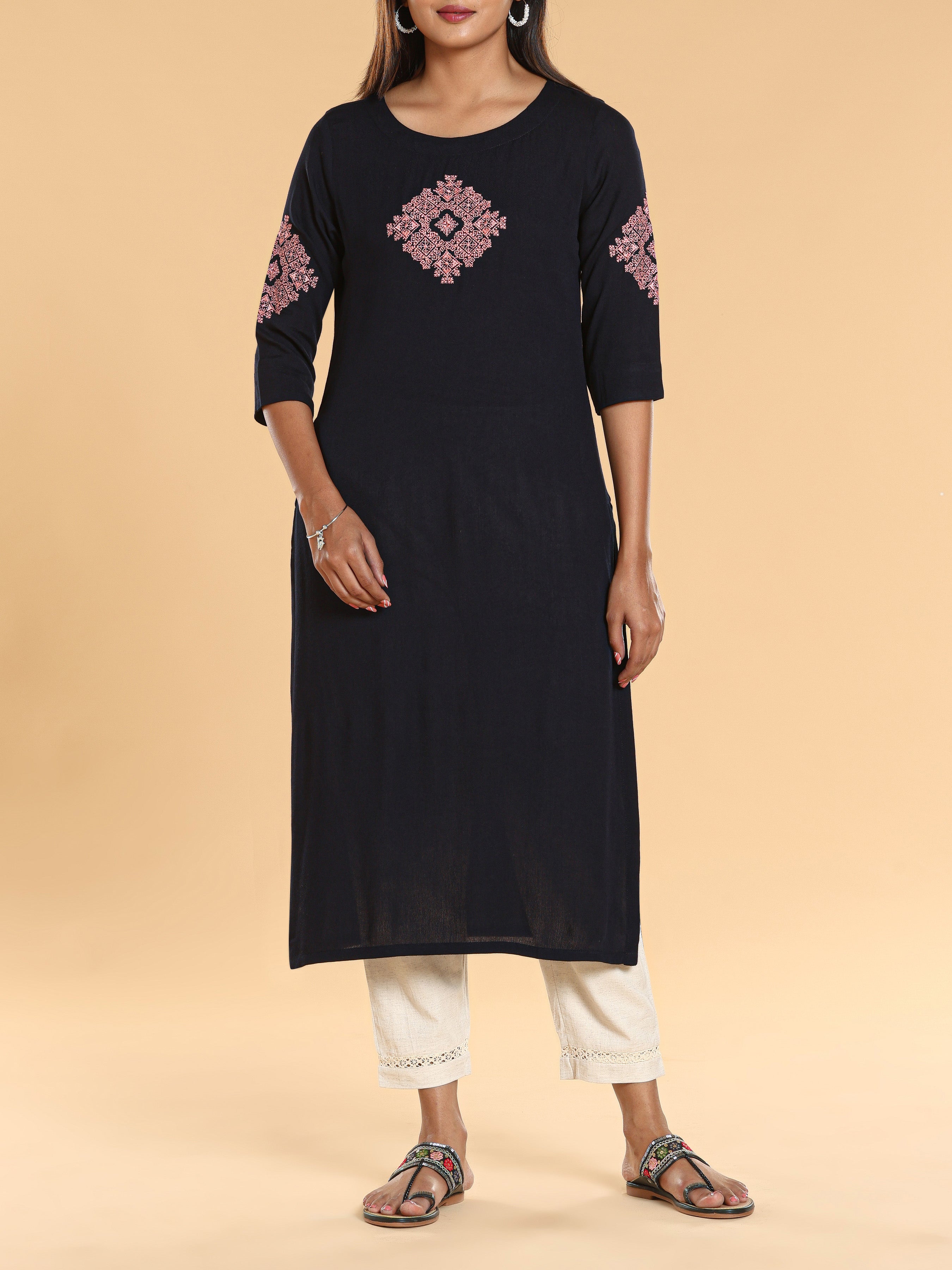Women Wearing Dark Navy Blue Wrinkle Viscose Kurti With Embroidery