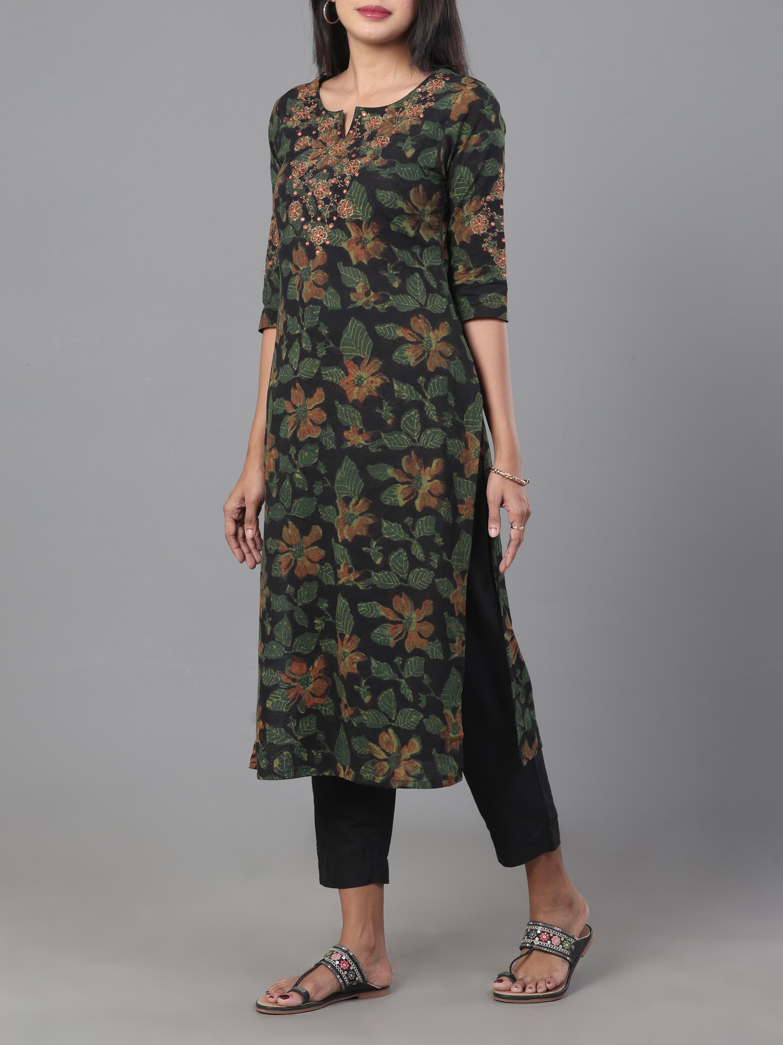Black Pure Cotton Printed Kurti With Embroidery