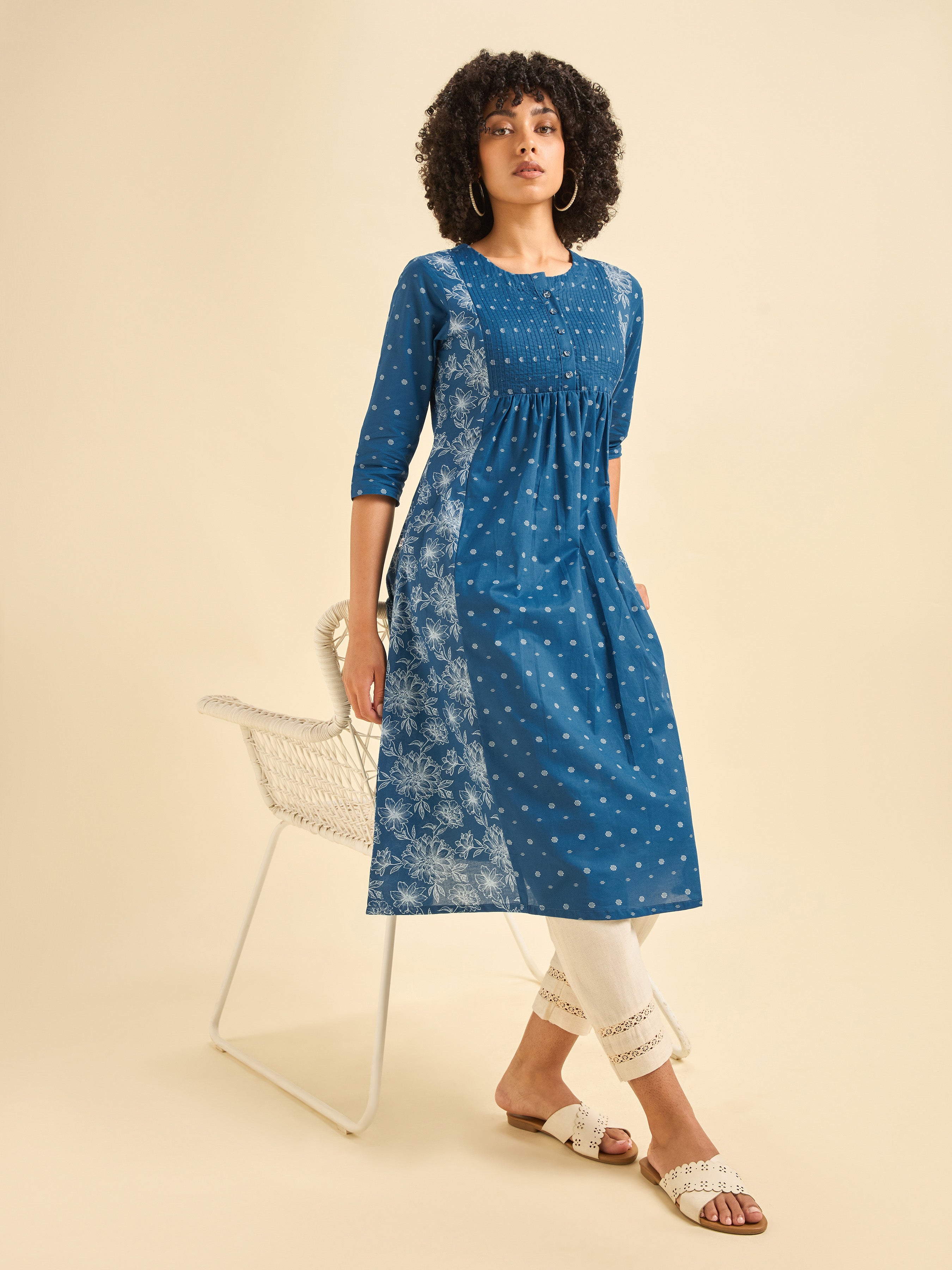 Royal Blue Cotton Printed Flared Kurti