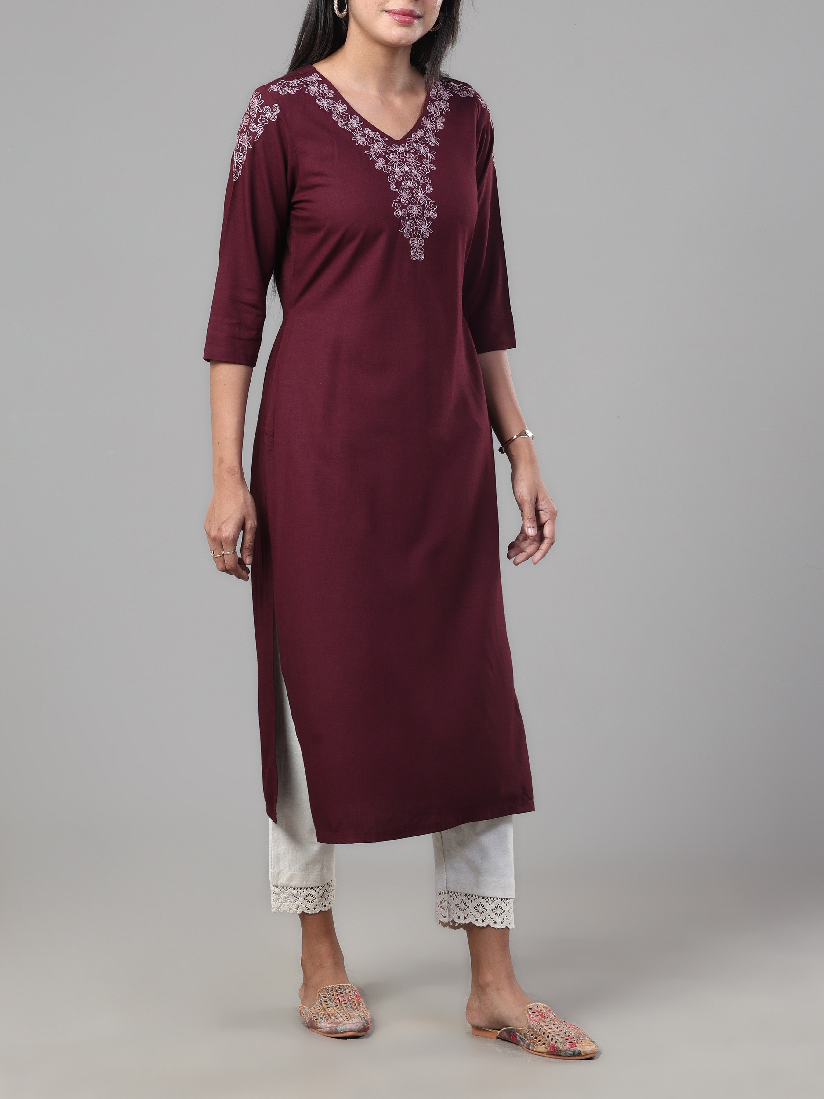 Women Wearing Wine Red Viscose Slub Kurti With Embroidery