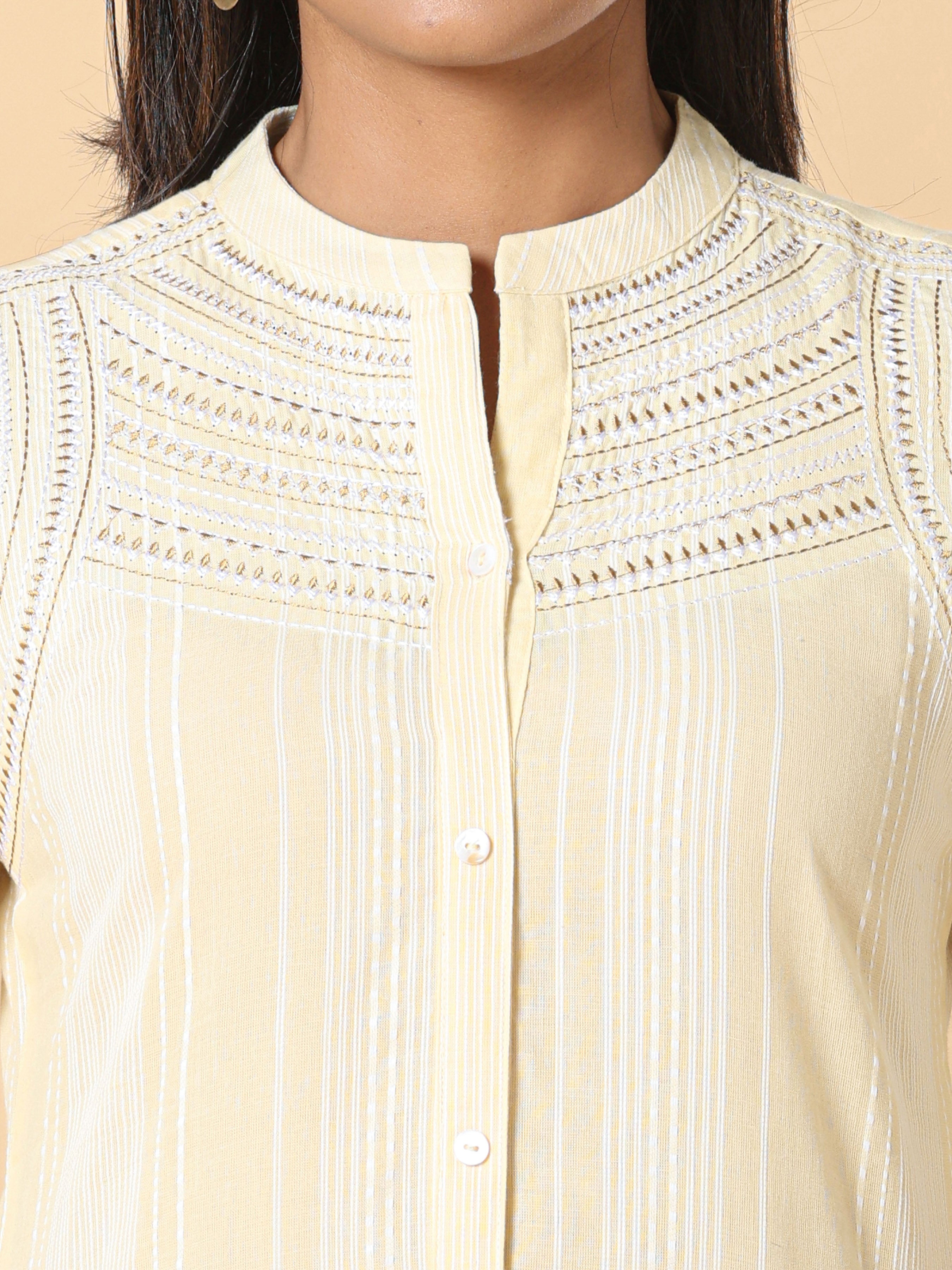 Pale Yellow Cotton Dobby Kurti With Embroidery