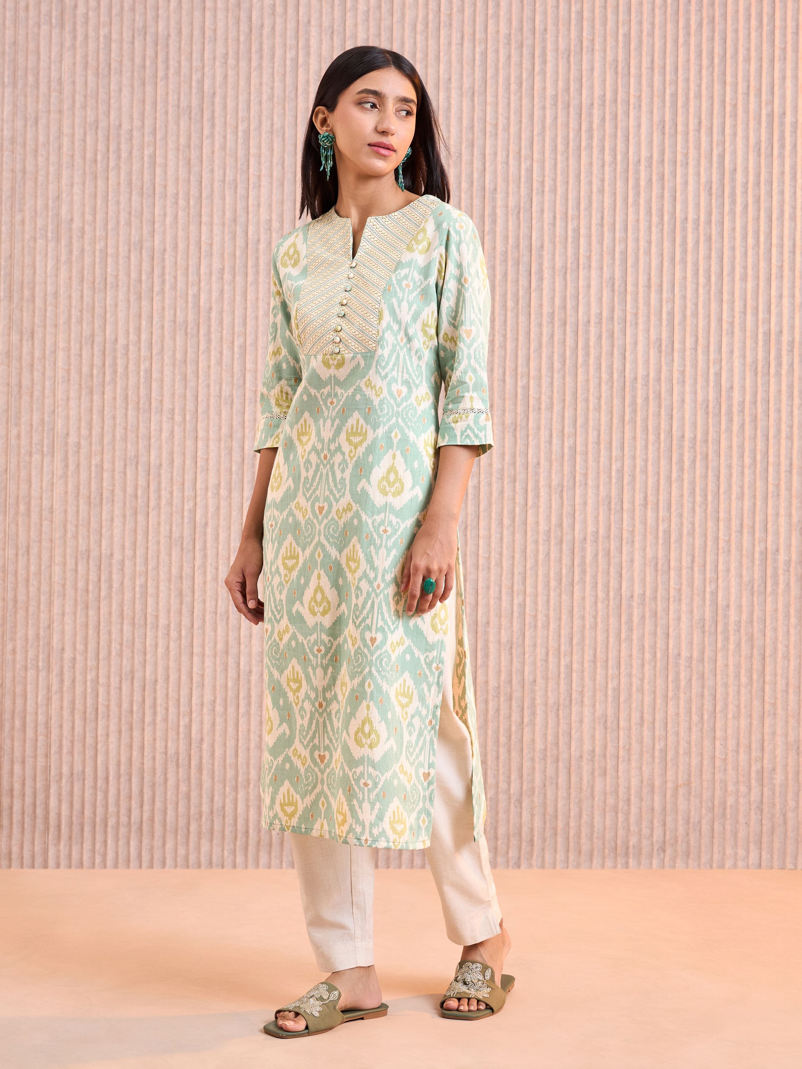 Aqua Green Cotton Flax Printed Kurti With Lace & Embroidery