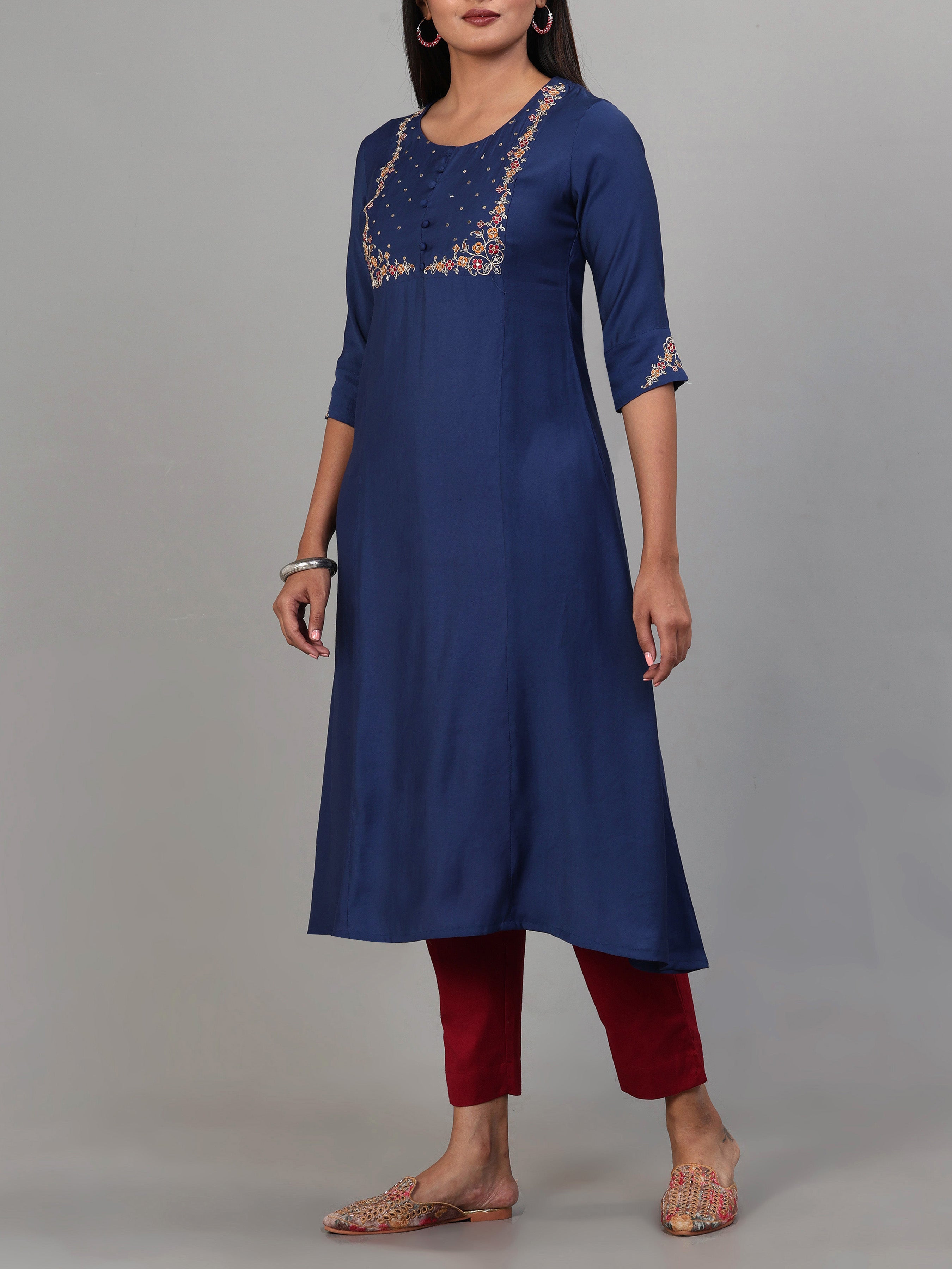 Women Wearing Royal Blue Denting Viscose Kurti With Croding Embroidery