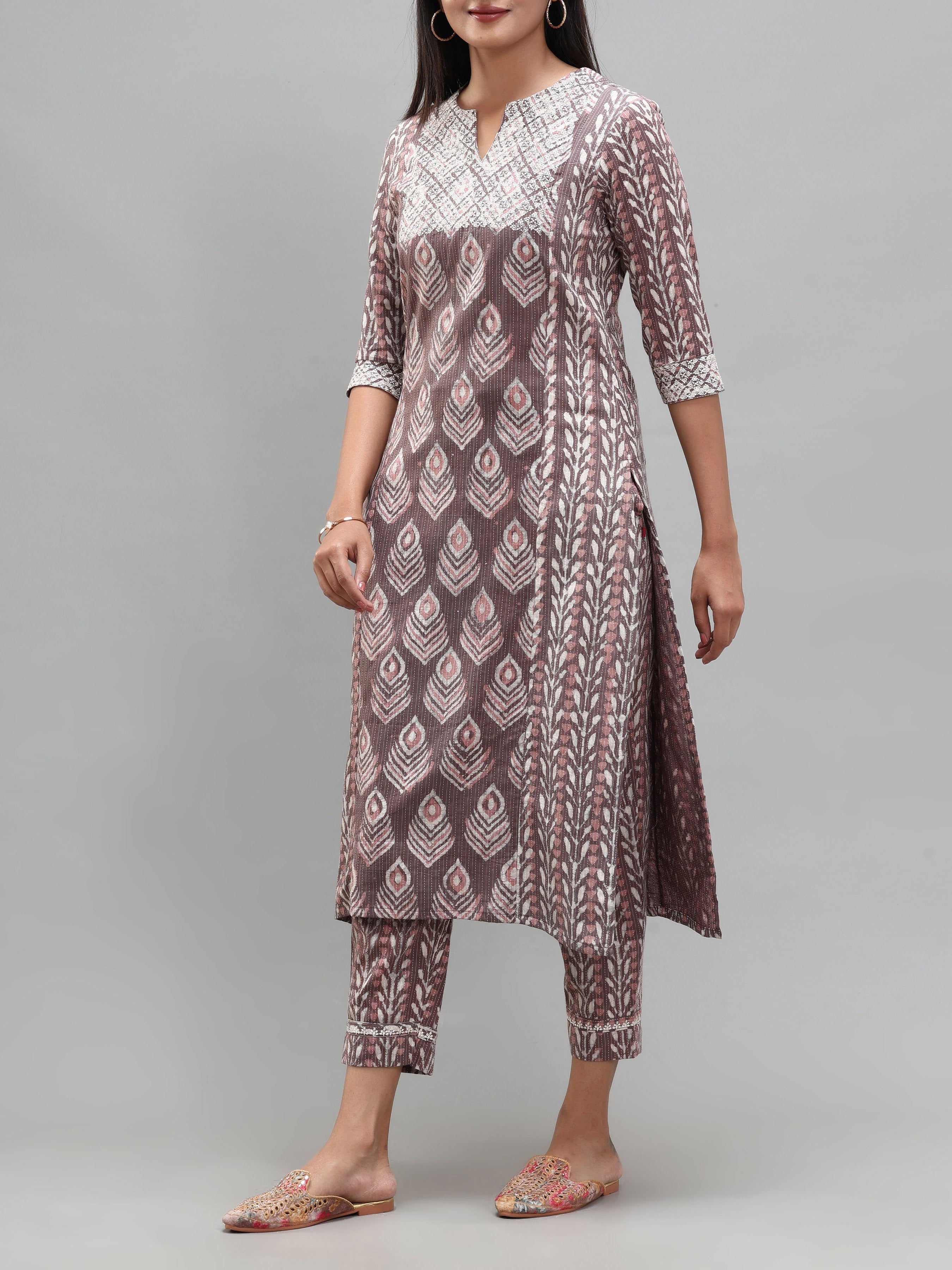 Purple Pure Cotton Printed Kurti With Embroidery And Matching Bottom