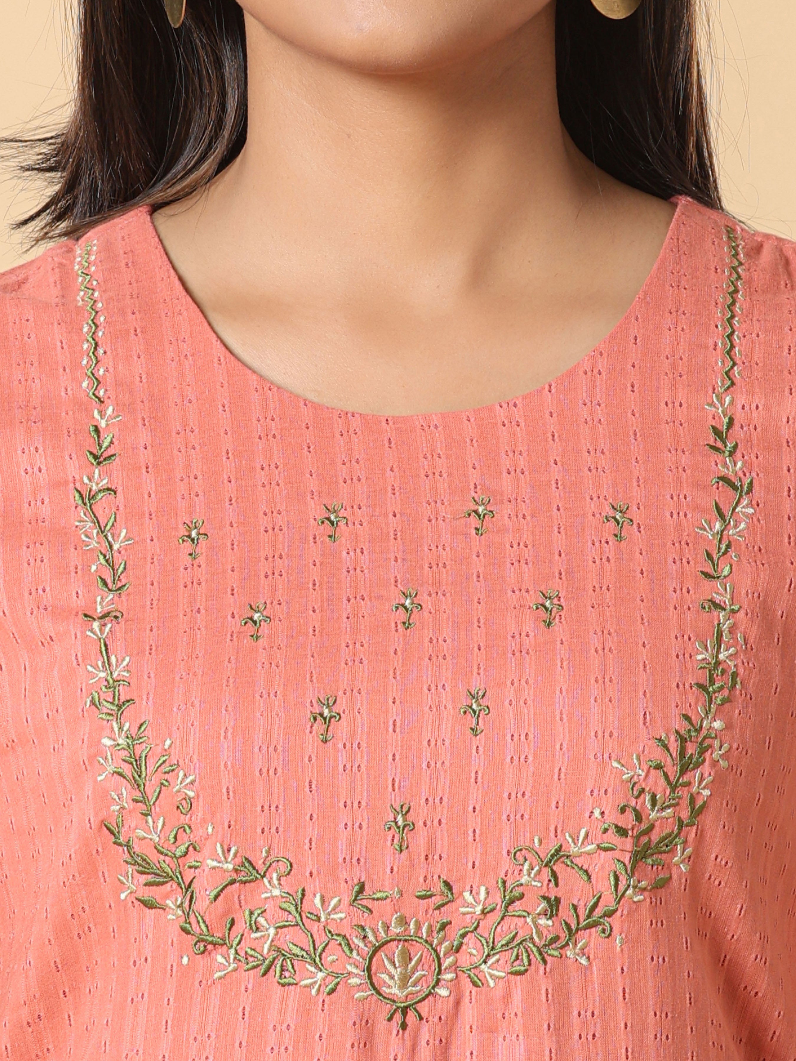 Brick Red Cotton Dobby Kurti With Embroidery