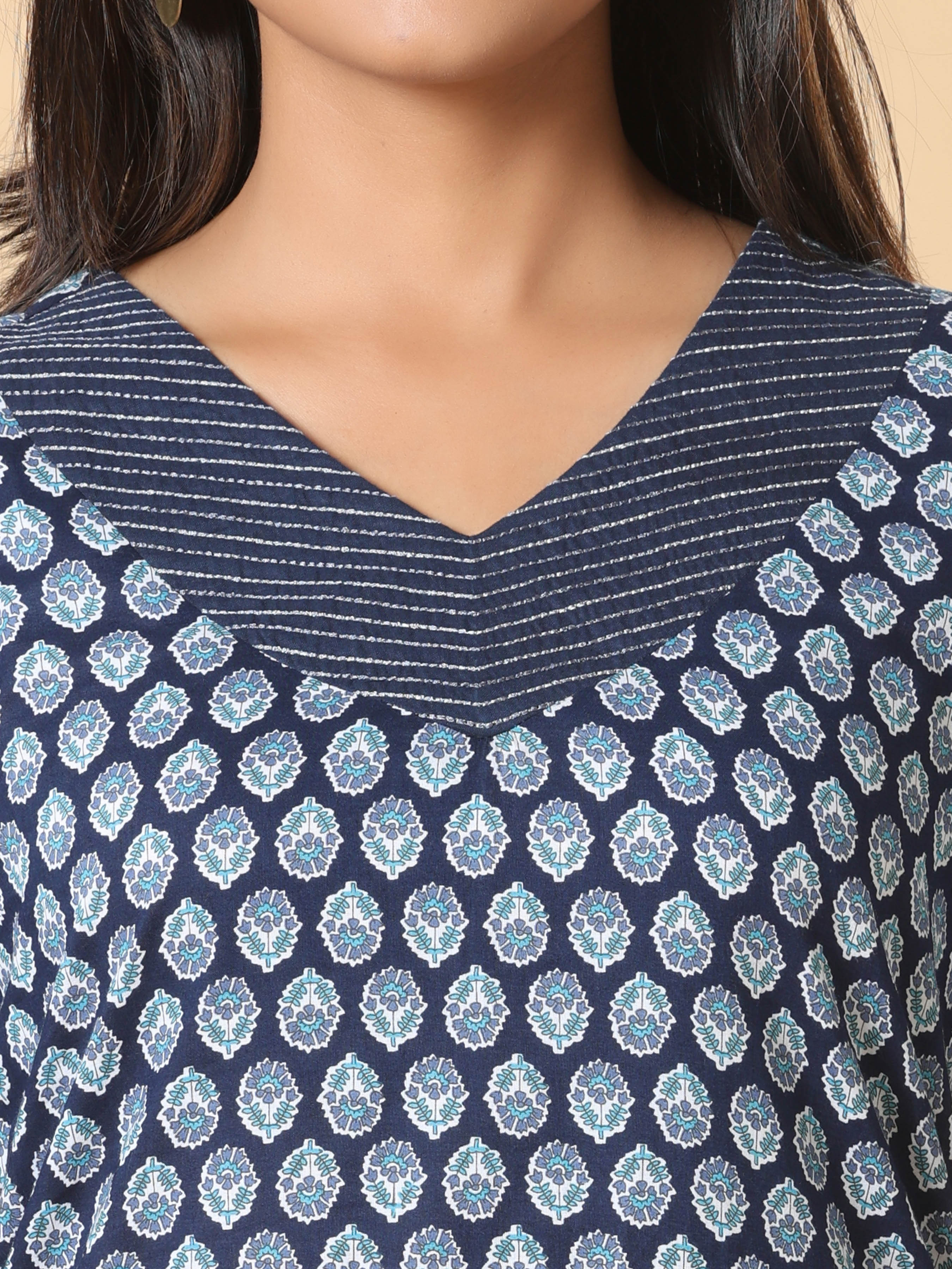 Navy Blue Pure Cotton Kurti With Embroidery