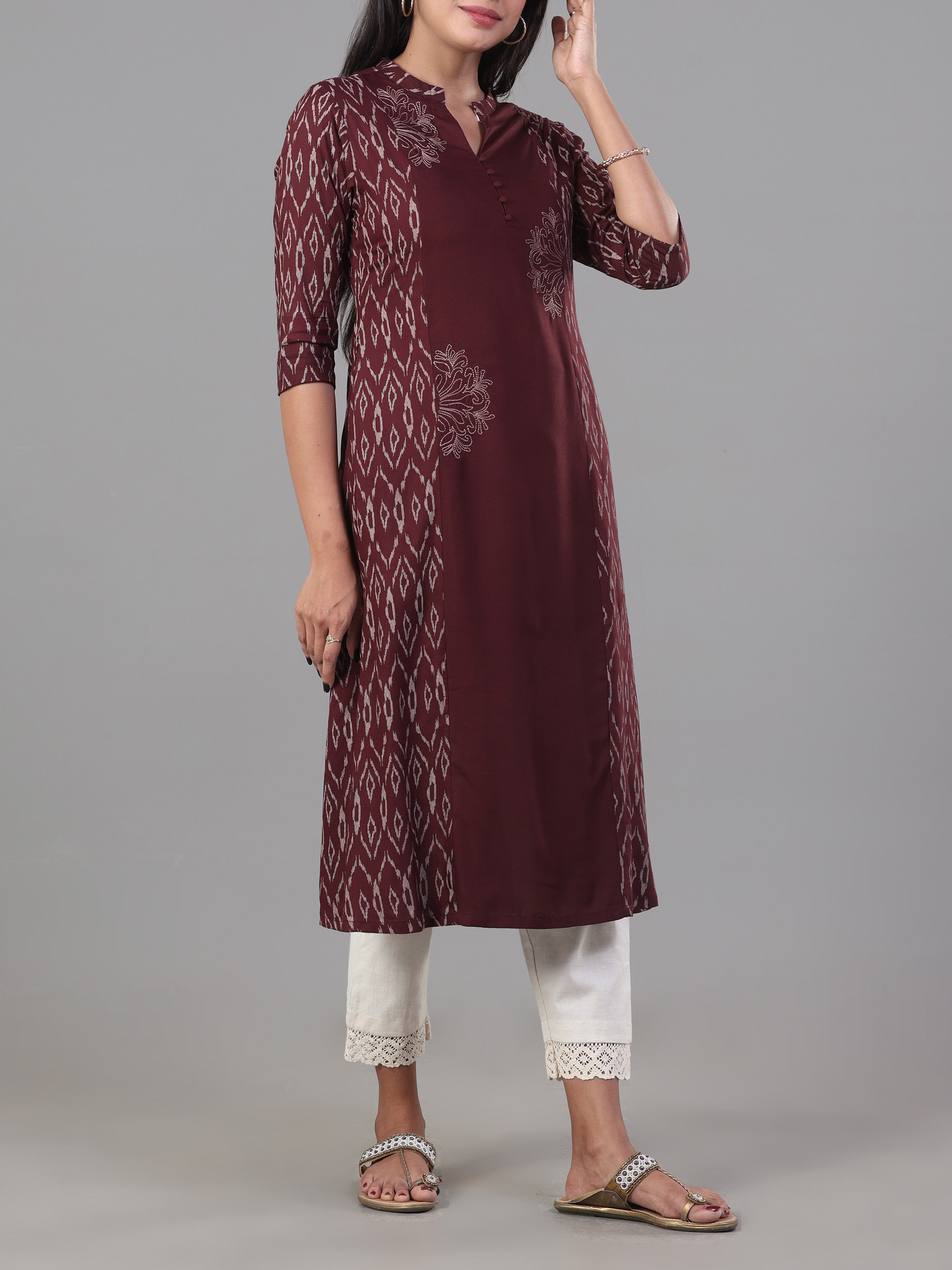 Coffee Brown Viscose Printed Kurti With Embroidery