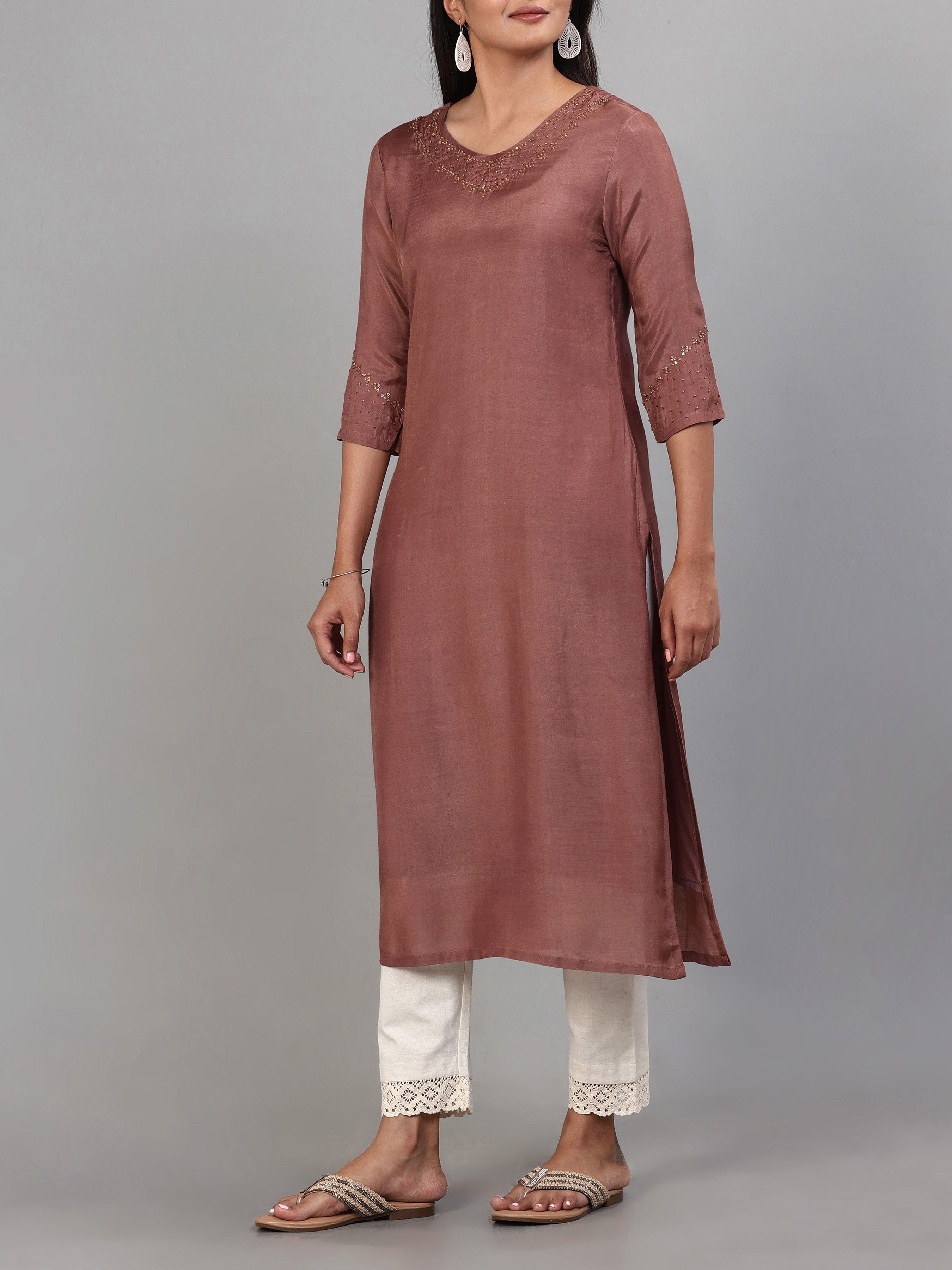 Coffee Brown Viscose Plain Kurti With Hand Work