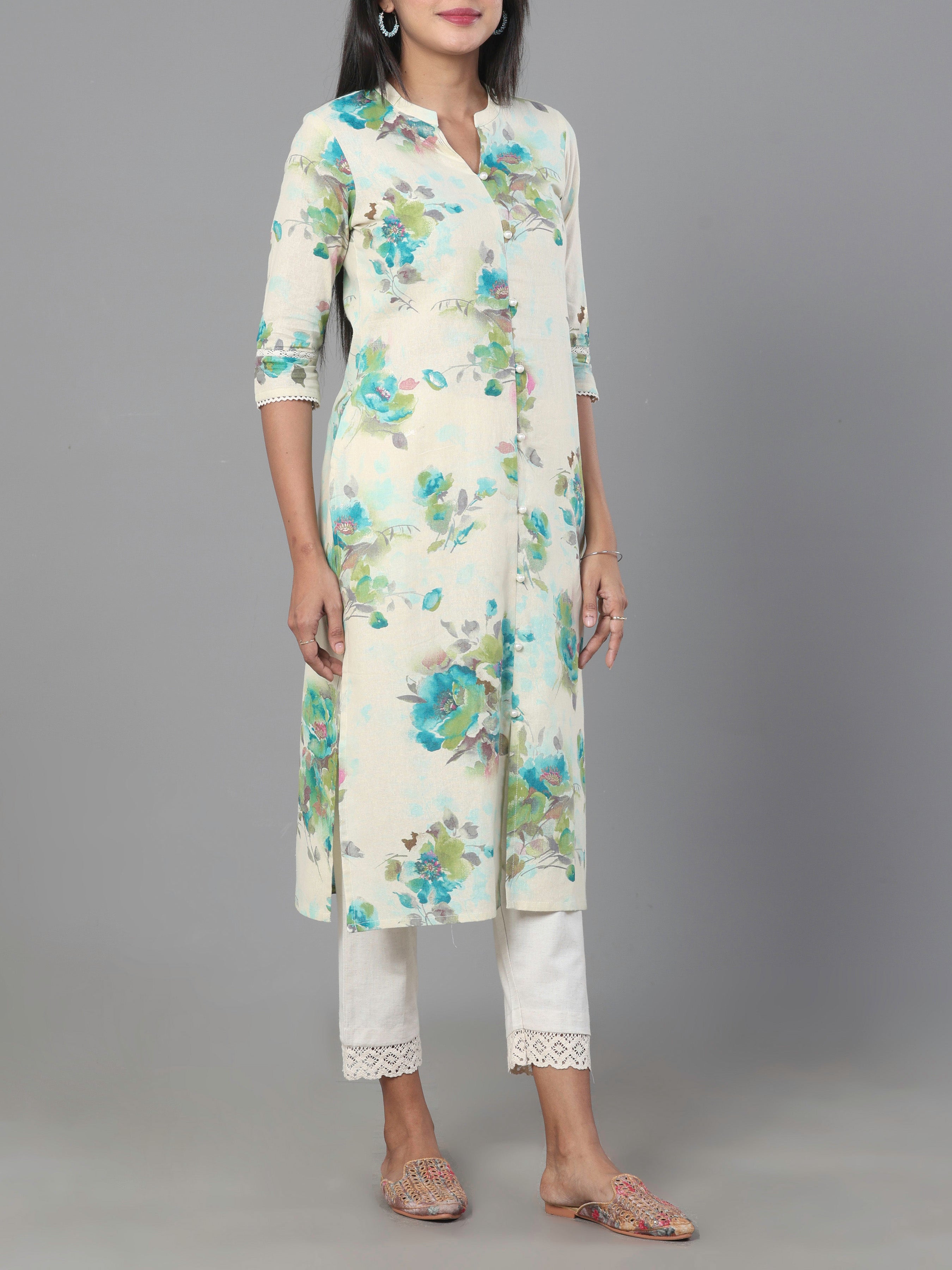 Ivory Cotton Linen Printed Kurti With Lace Detailing