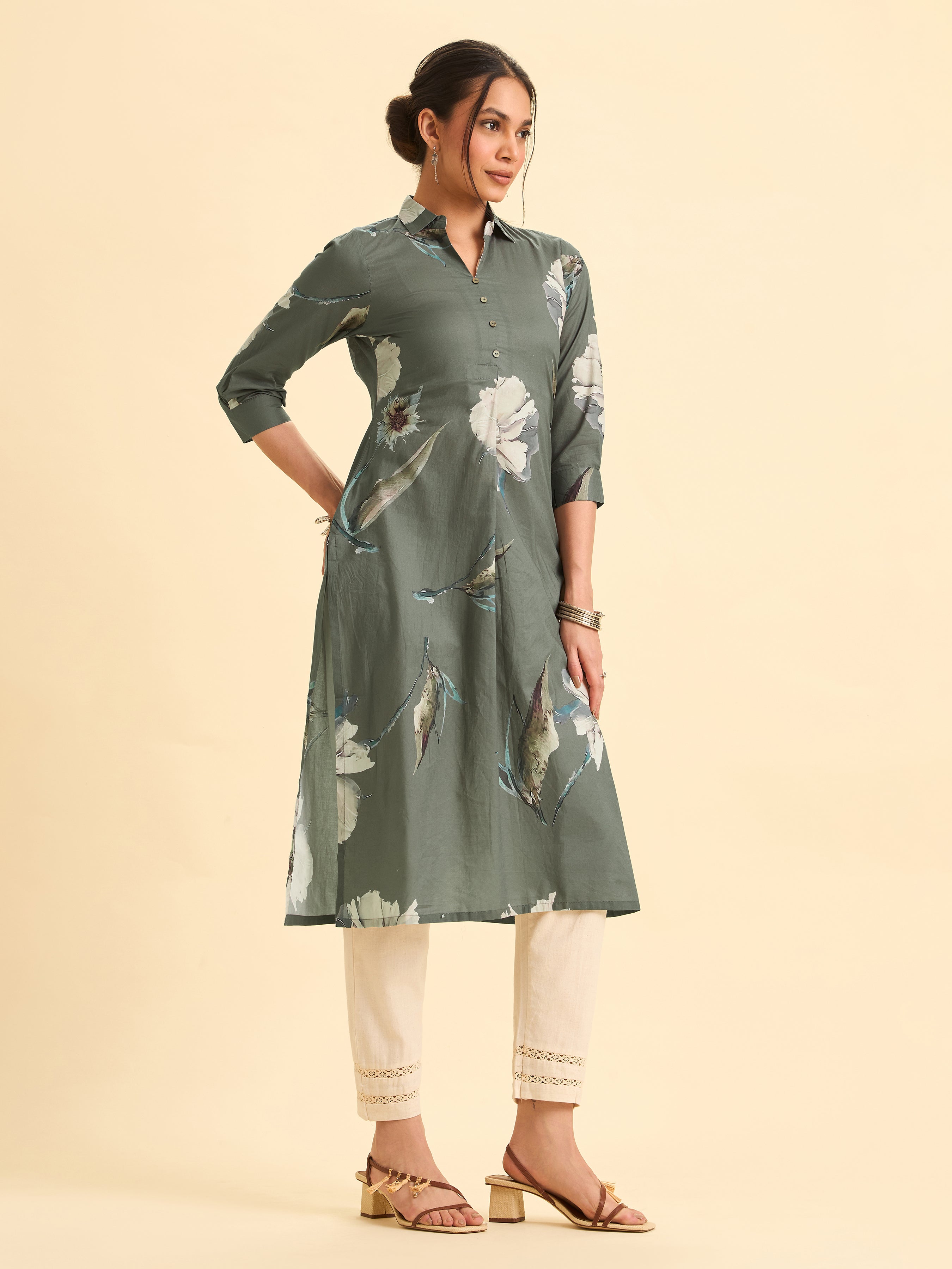 Sage Green Cotton Printed Kurti With Knife Pleat