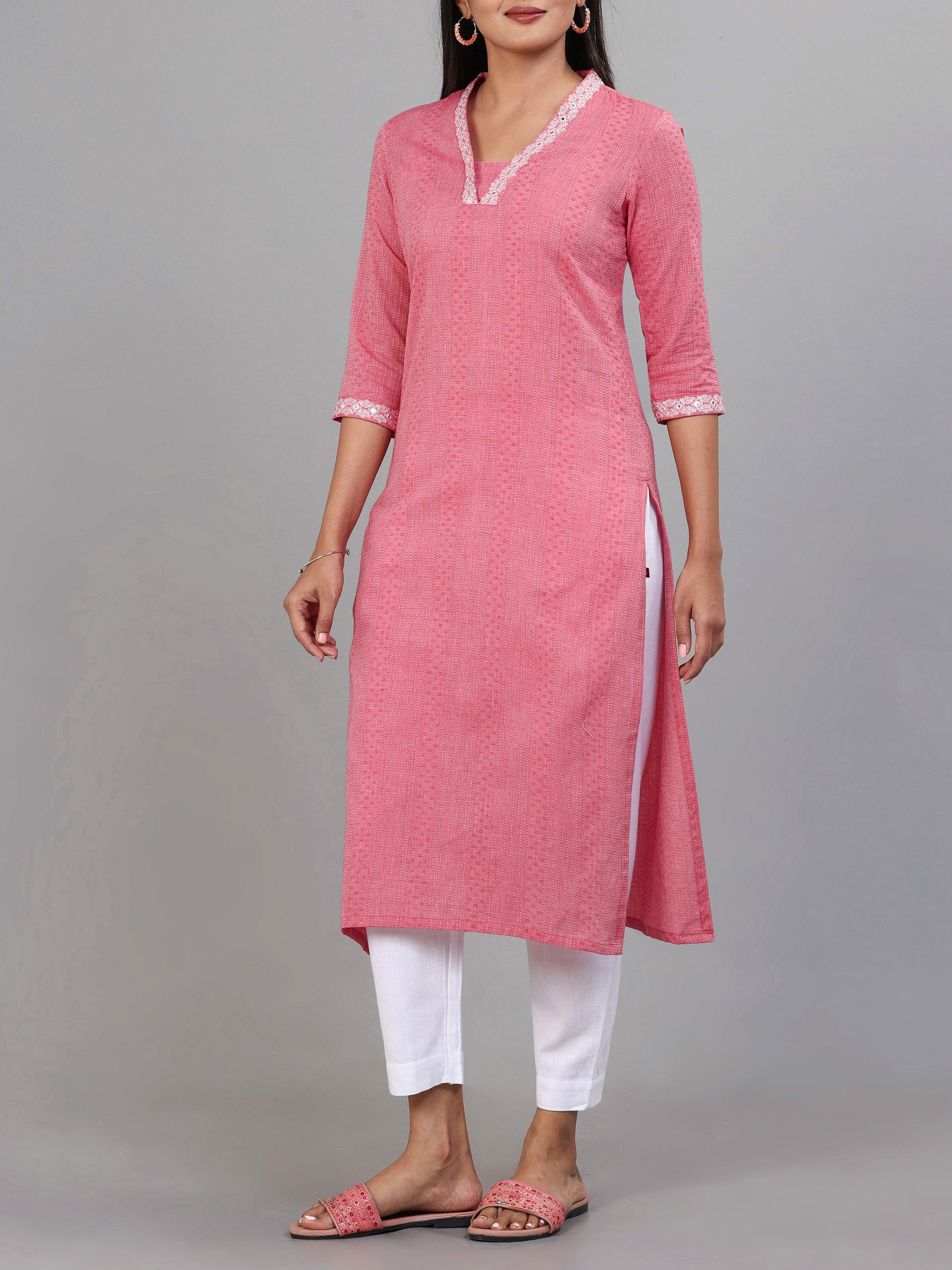 Onion Pink Cotton Dobby Kurti With Cording Embroidery