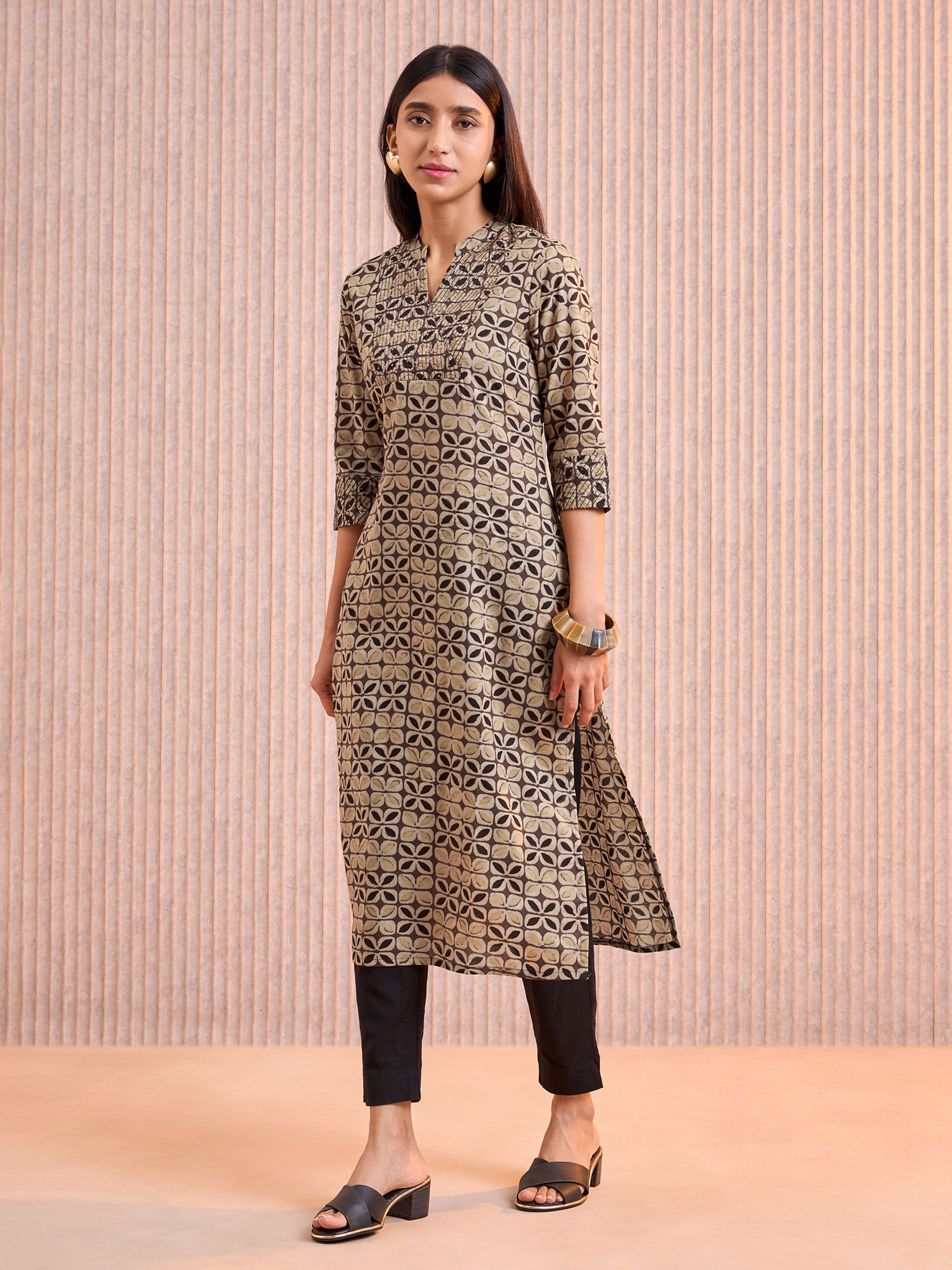 Coffee Brown Pure Cotton Printed Kurti With Sequins Embroidery Work