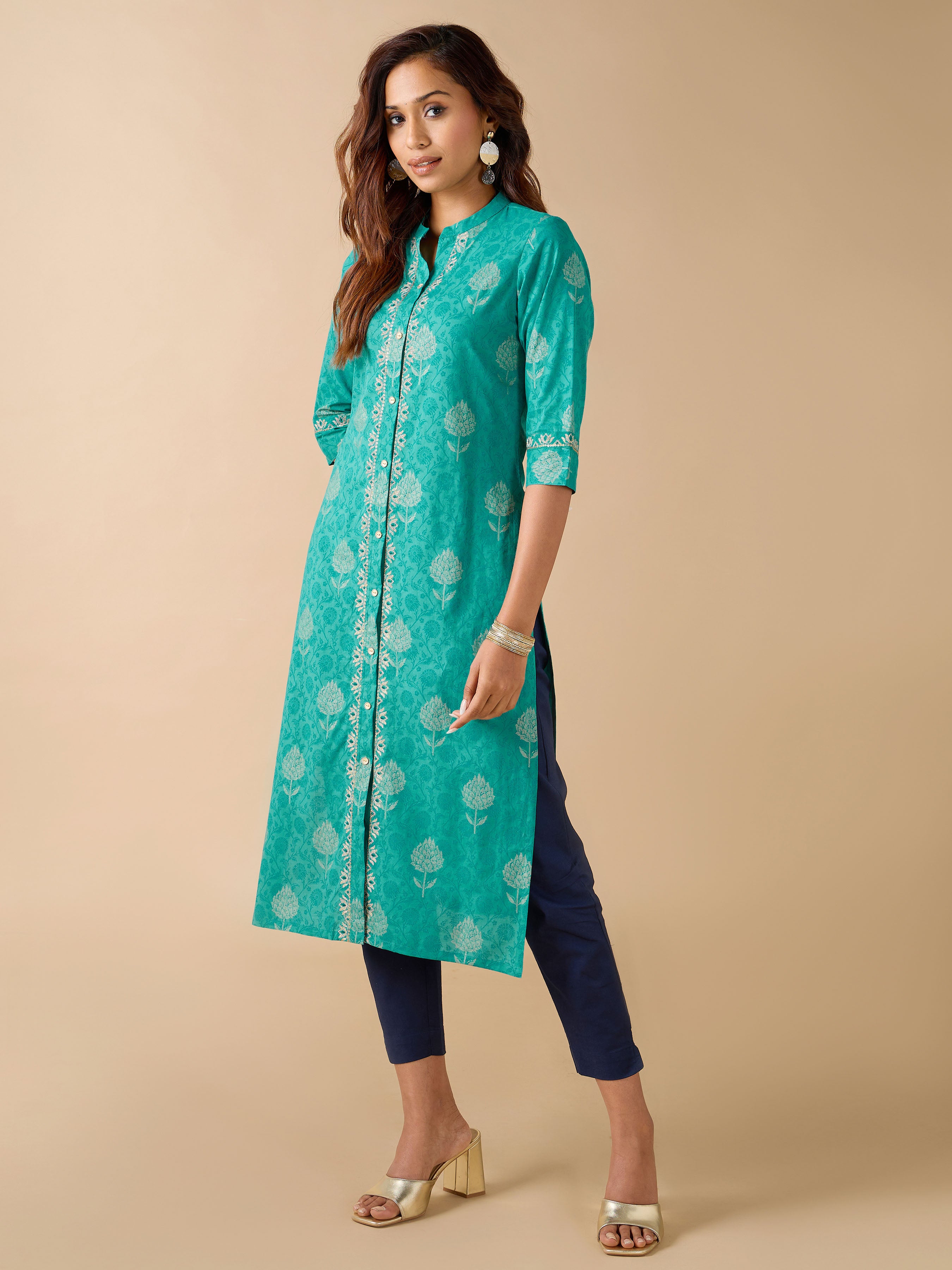 Teal Green Pure Cotton Printed Kurti With Embroidery