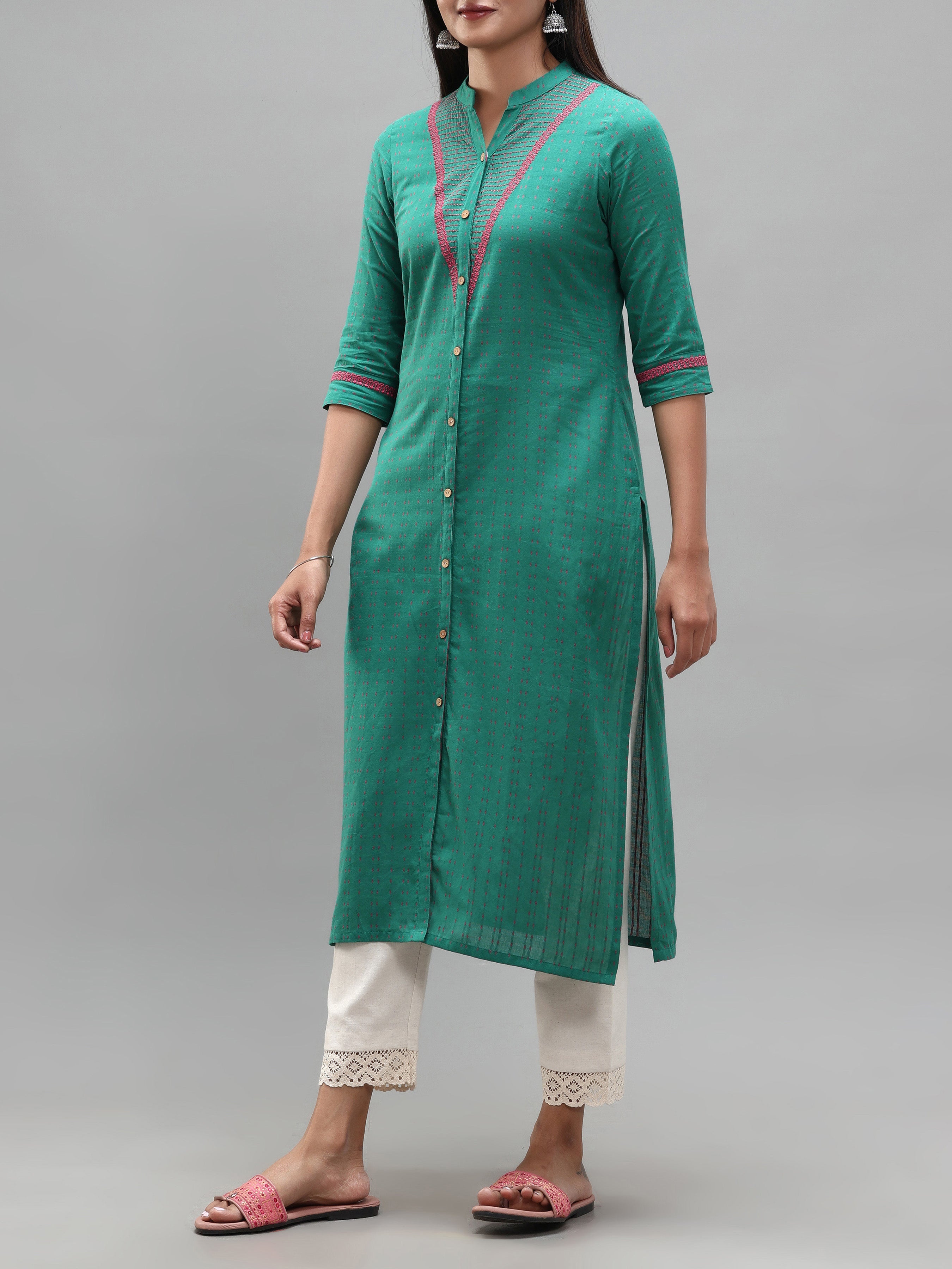 Rama Green Cotton Dobby Kurti With Embroidery