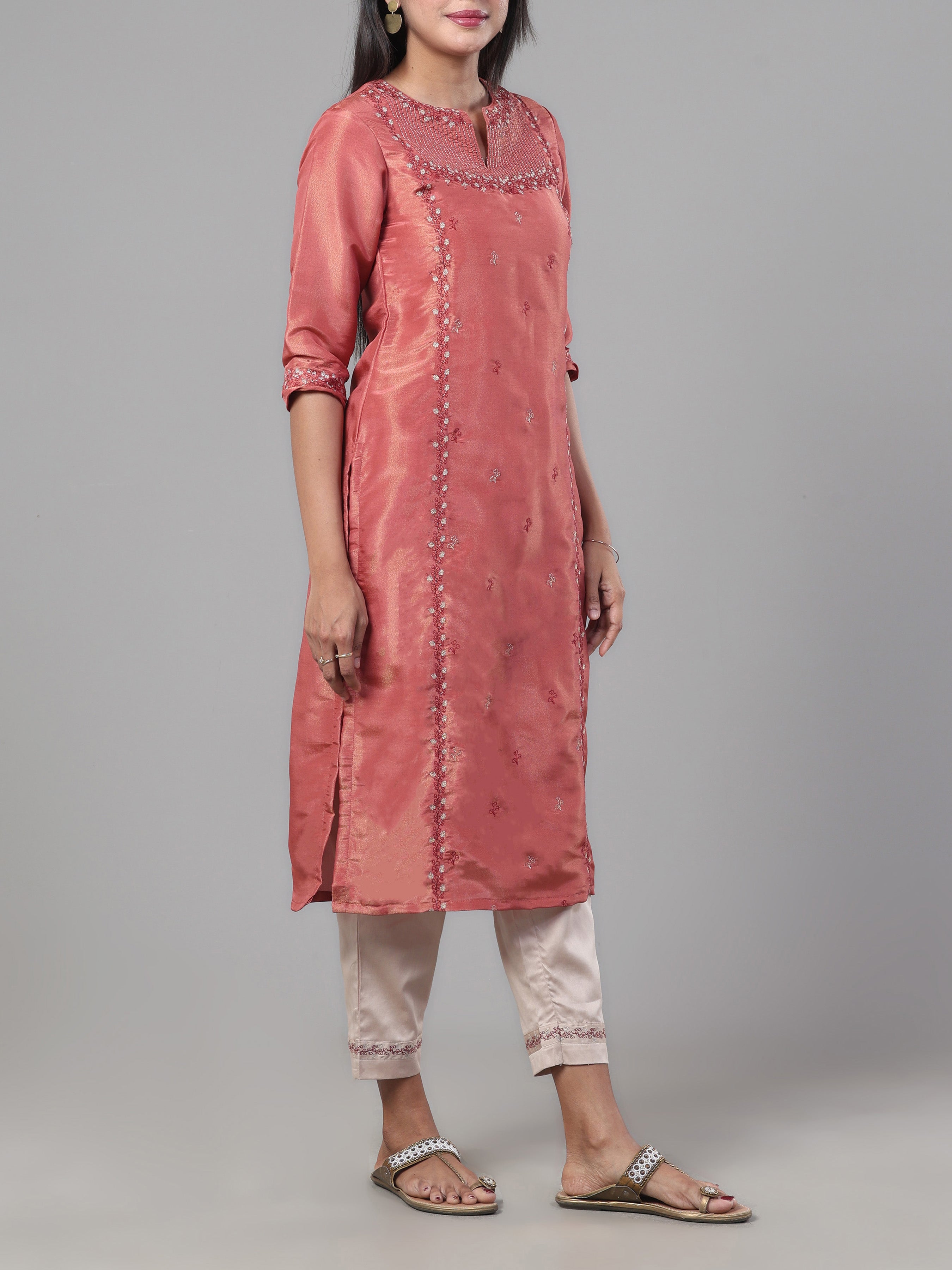 Rust Orange Viscose Shimmer Kurti With Sequins Work And Matching Bottom