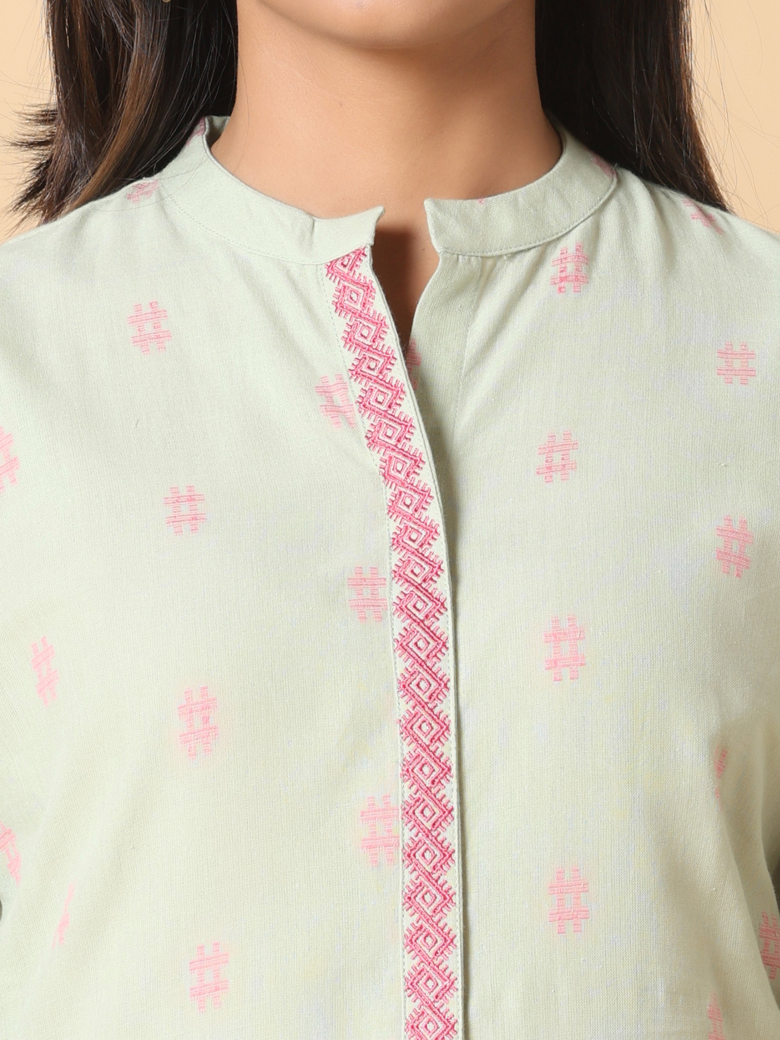 Pista Green Cotton Dobby Kurti With Embroidery