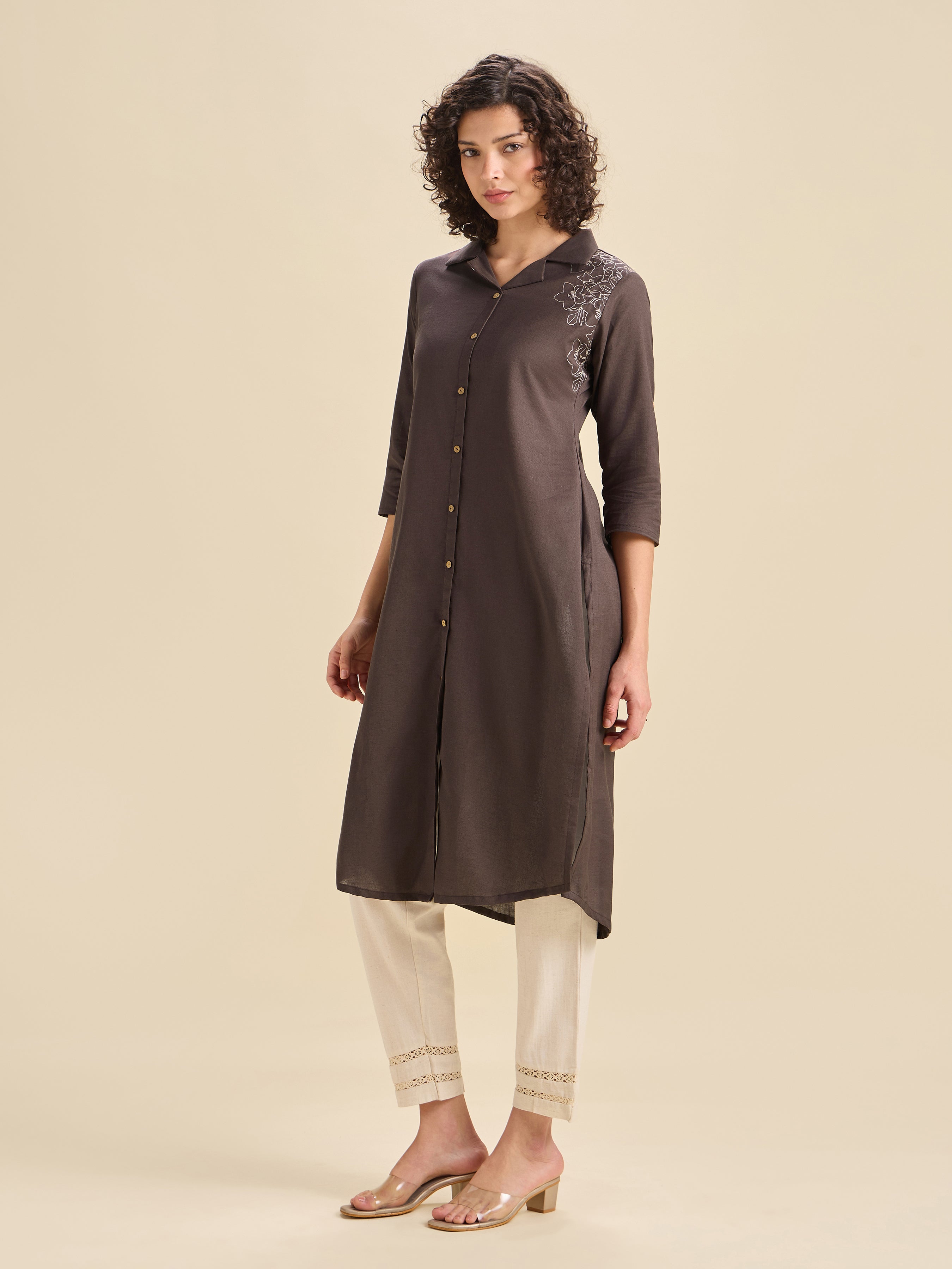 Coffee Brown Cotton Flax Slited Kurti With Embroidery