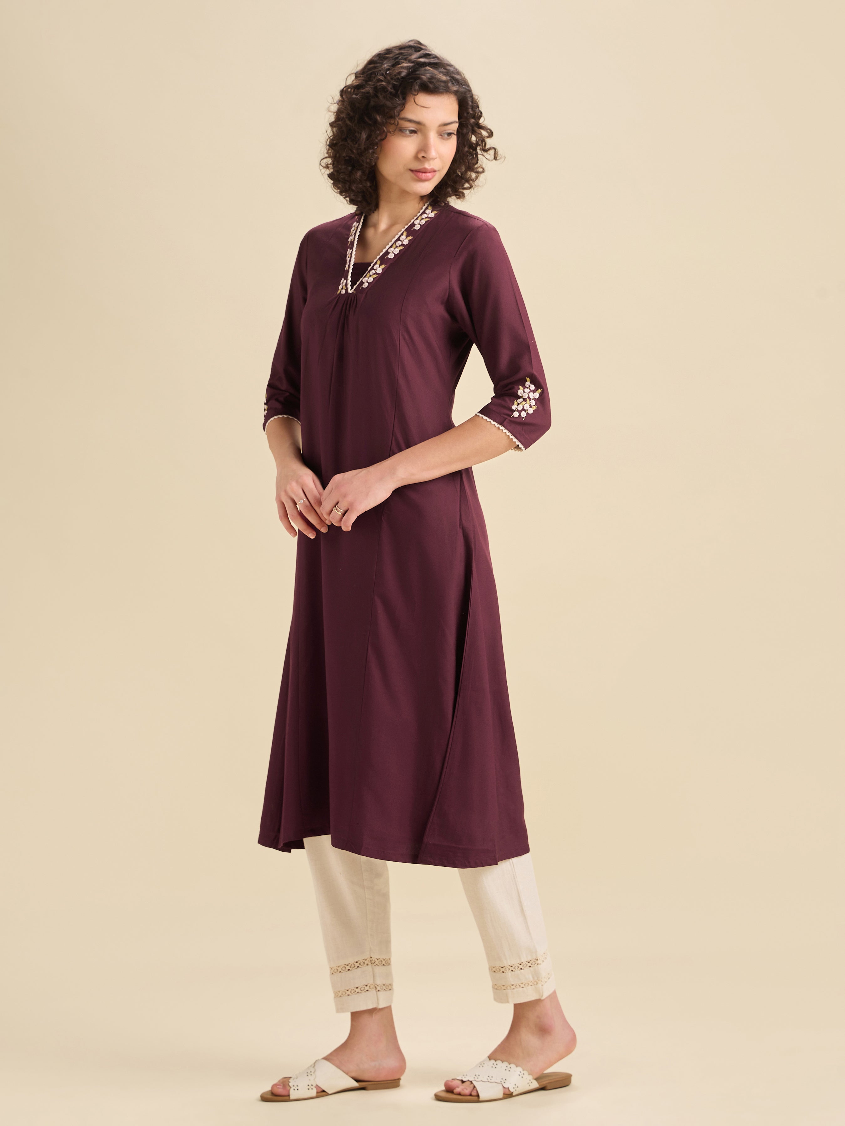 Maroon Viscose Plain Flared Center Panel Kurti With Embroidery