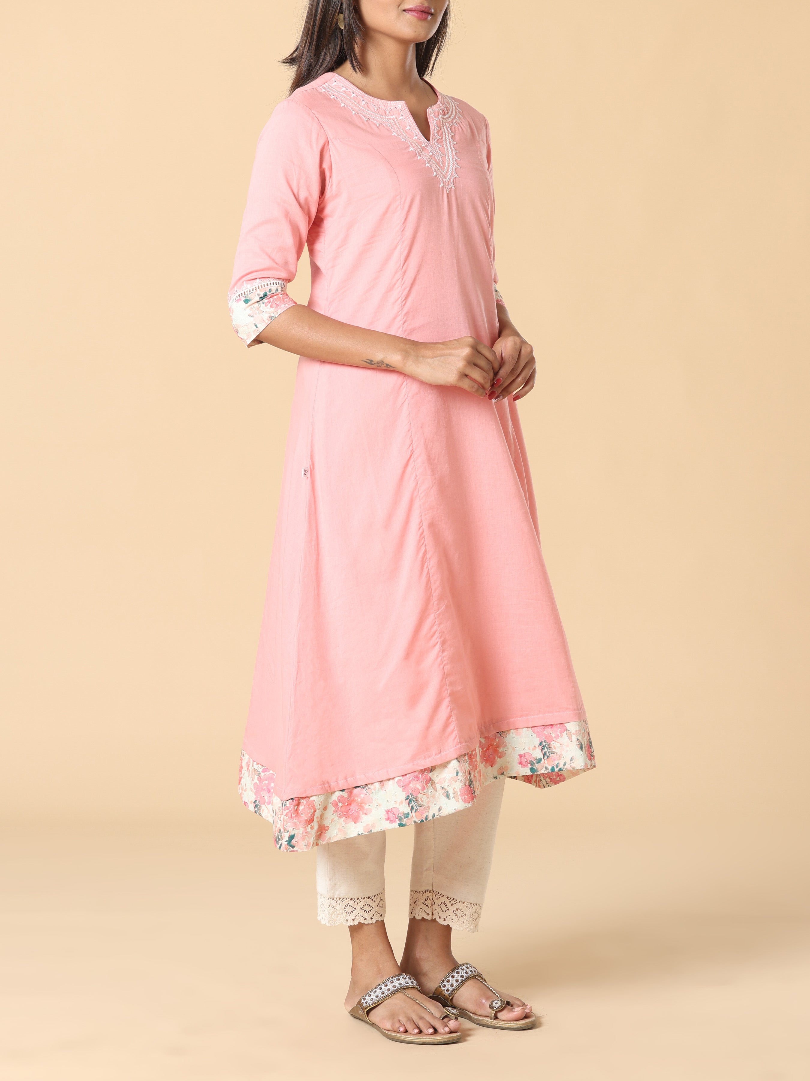 Light Pink Pure Cotton Kurti With Embroidery