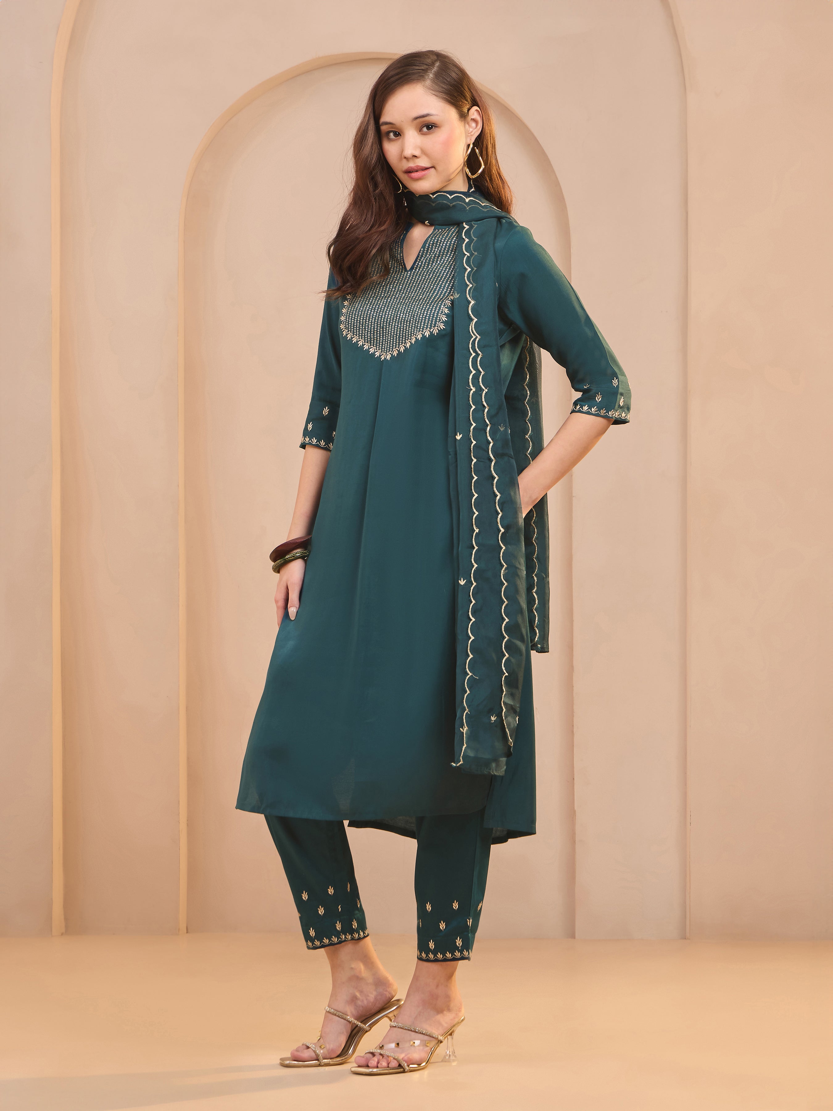 Teal Viscose Blend Kurti Set & Dupatta With Sequins Embroidery