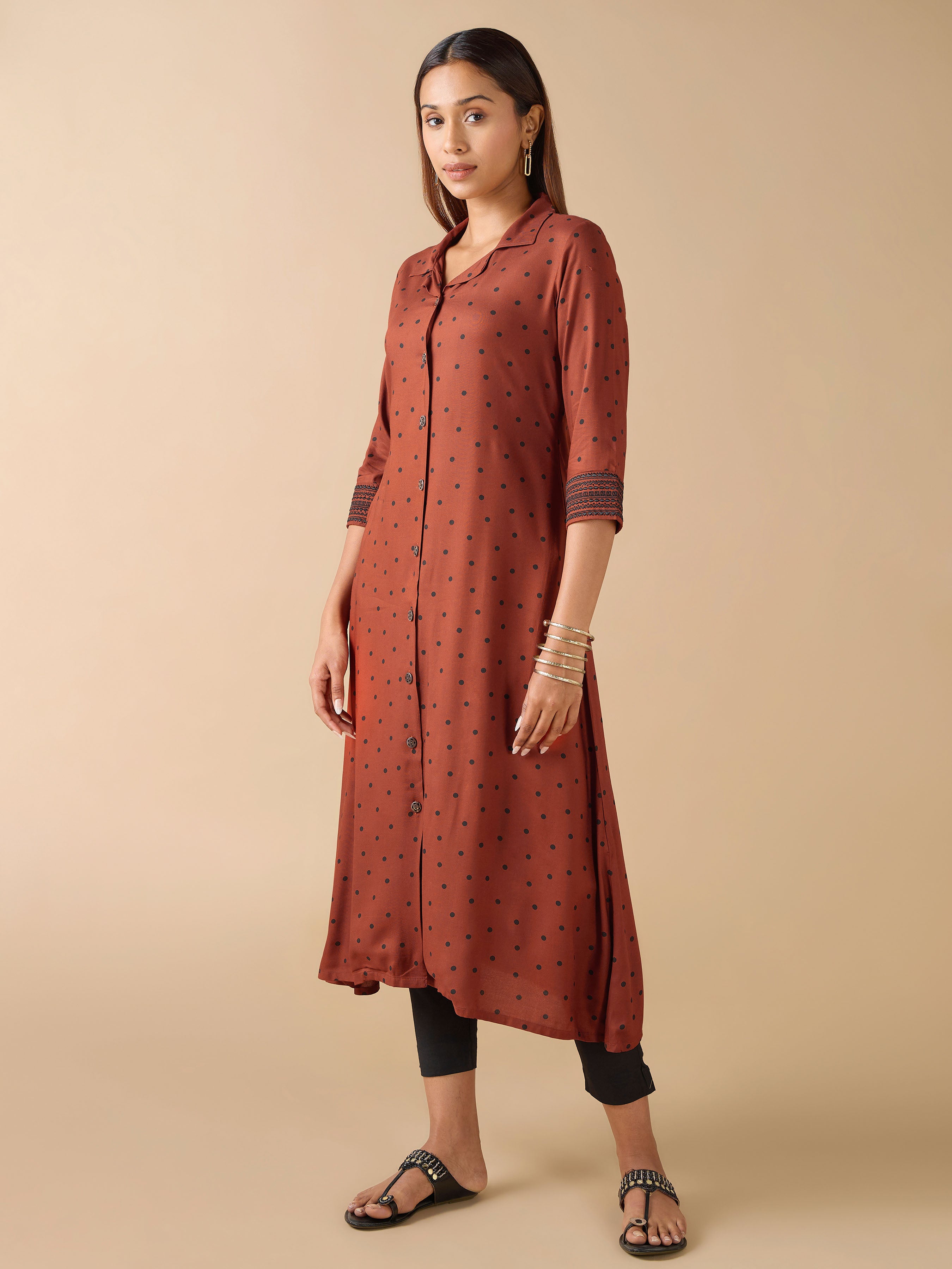 Brick red Viscose Printed Kurti With Embroidery