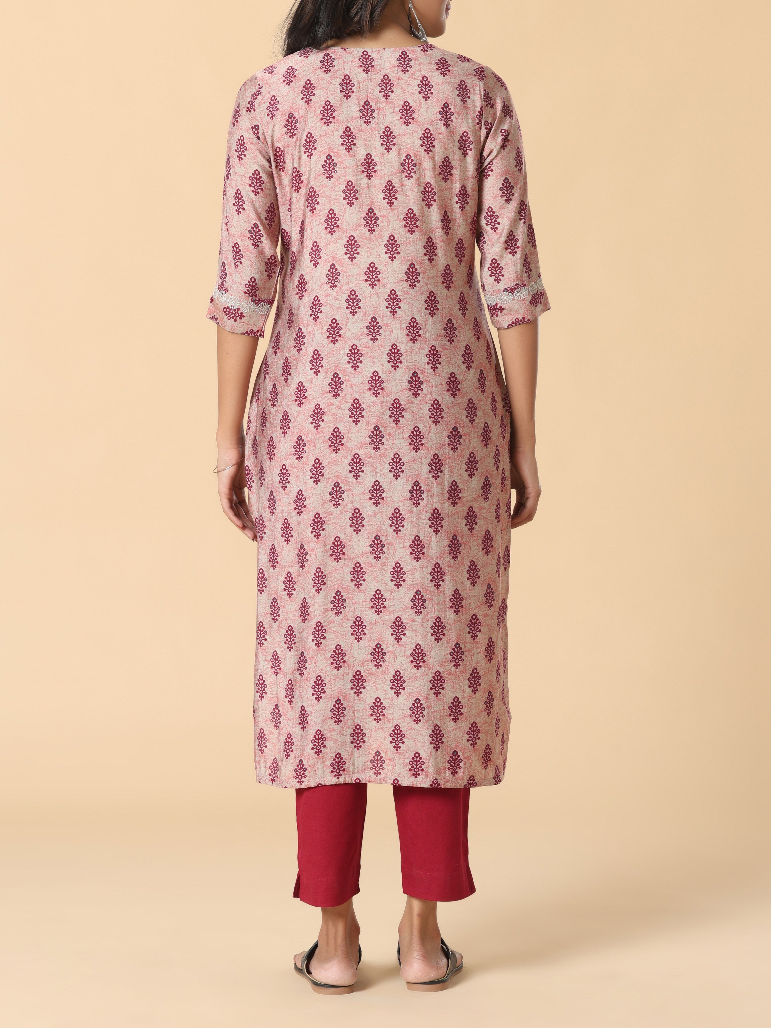 Wine Red Modal Chanderi Kurti With Sequins Work And Embroidery