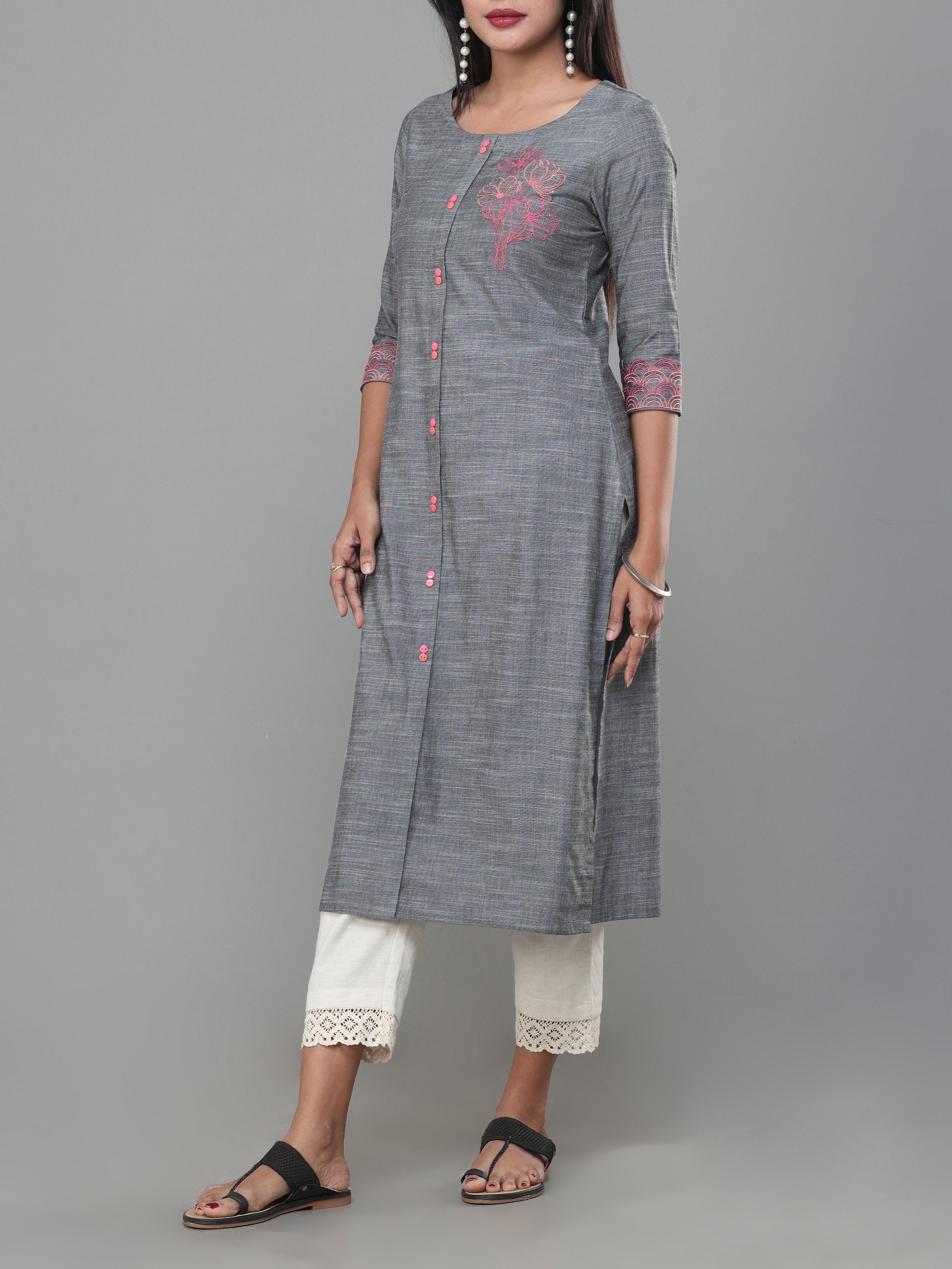 Grey Viscose Cotton Slub Kurti With Embroidery