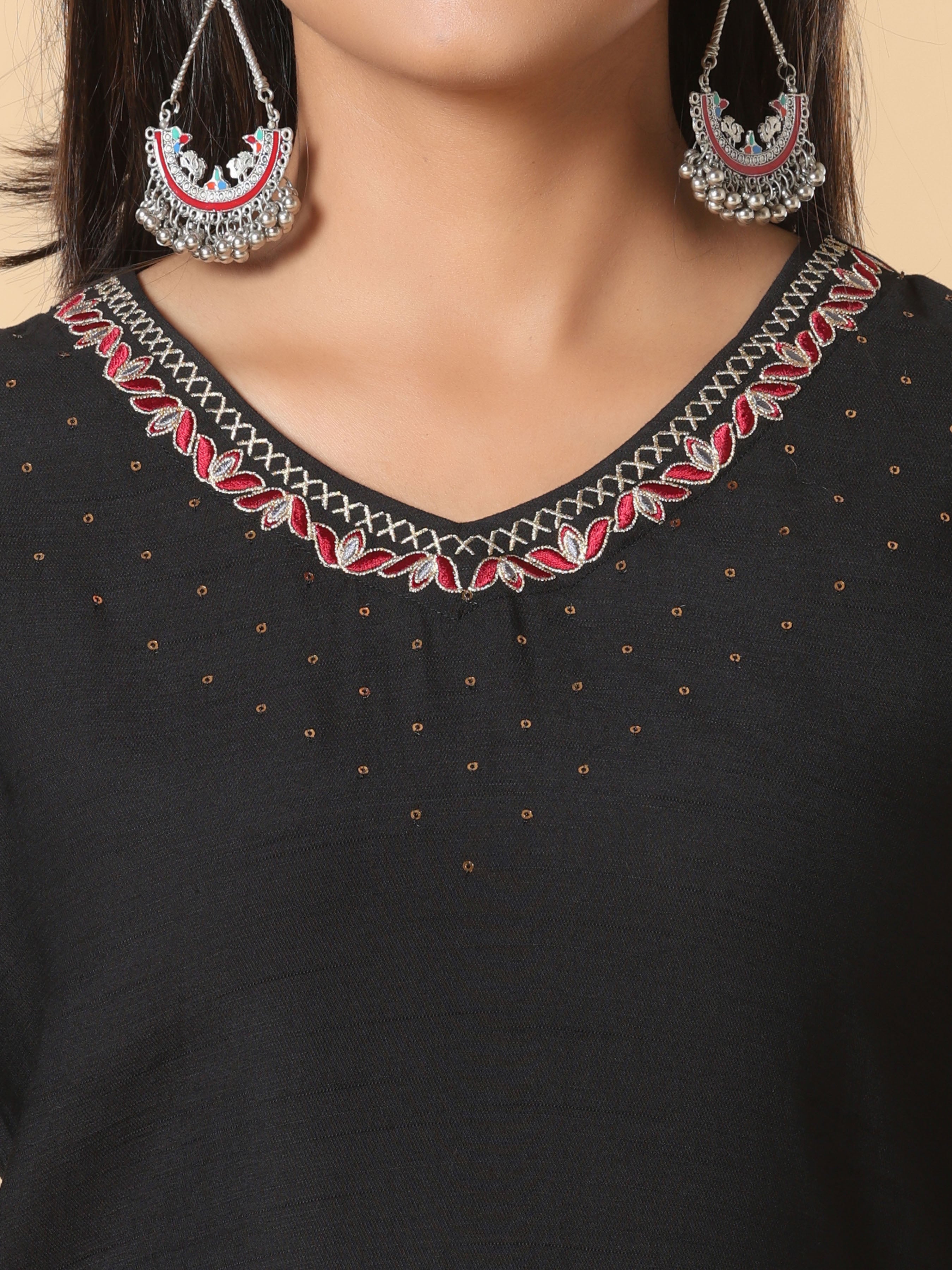Black Viscose Plain Kurti With Embroidery