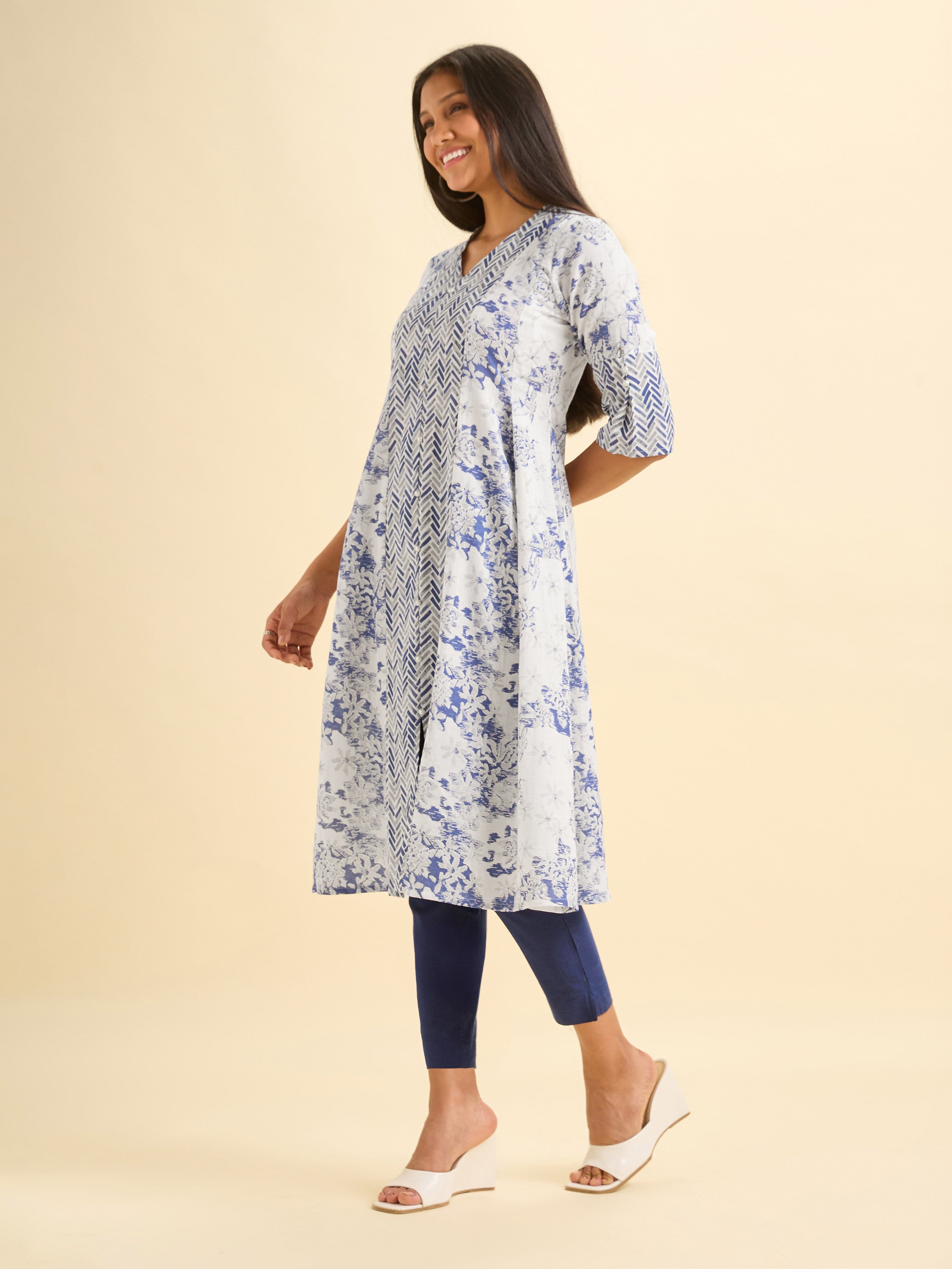 White Blue Cotton Slub Flared Center Panel And Center Cut Kurti