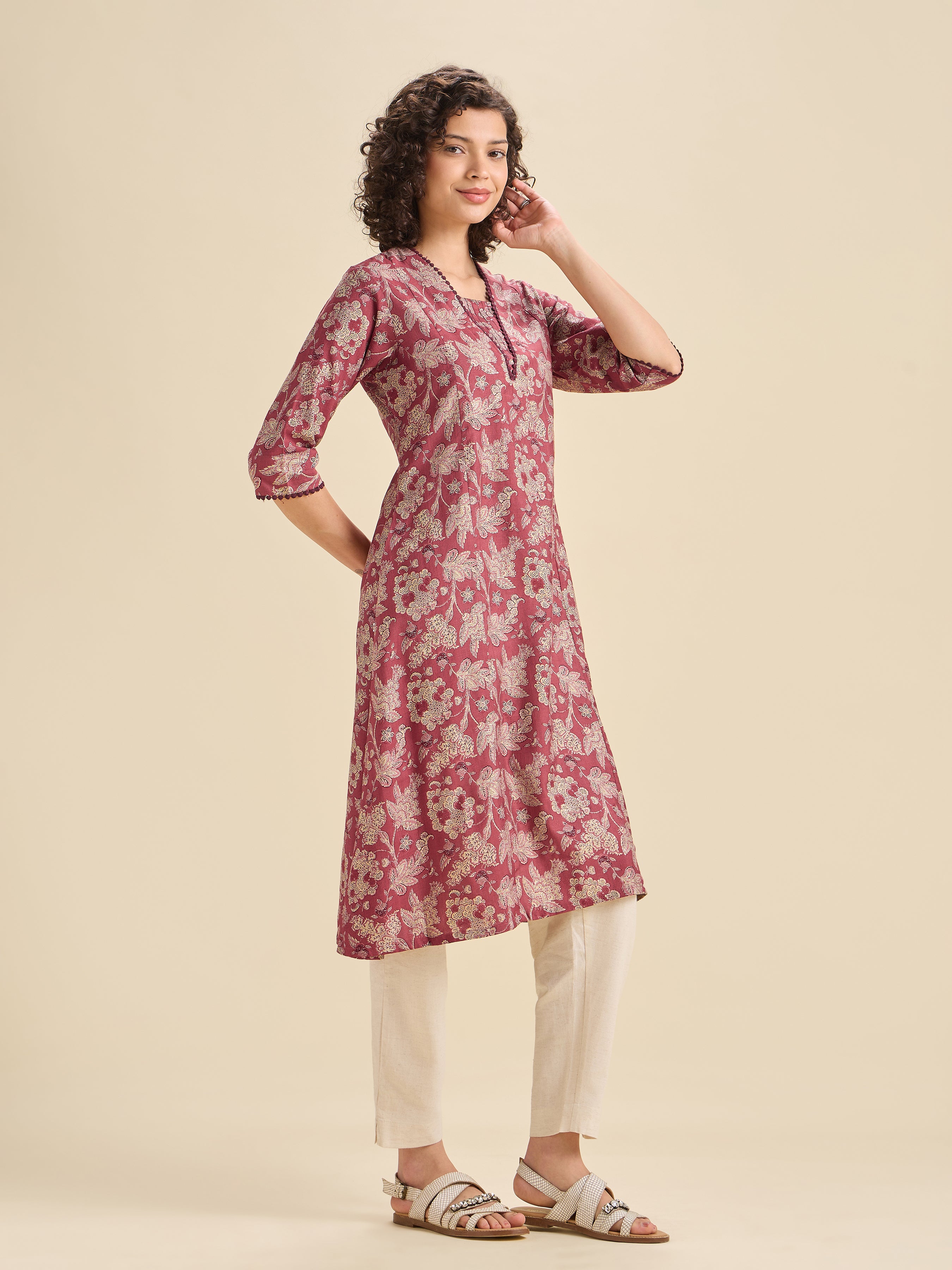 Maroon Multi Viscose Blend Printed Flared Kurti With Lace