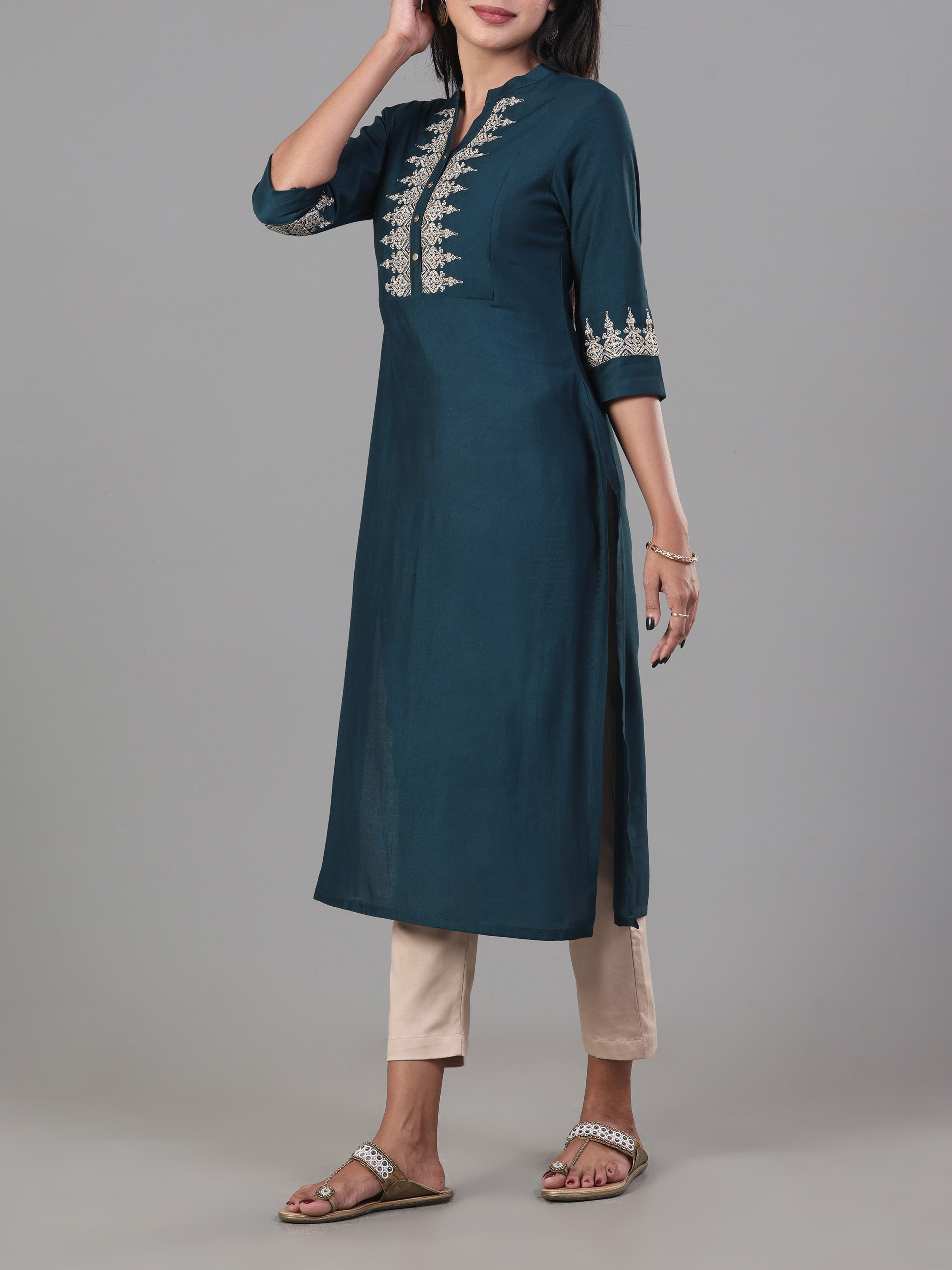 Teal Blue Denting Viscose Kurti With Embroidery And Sequins Work