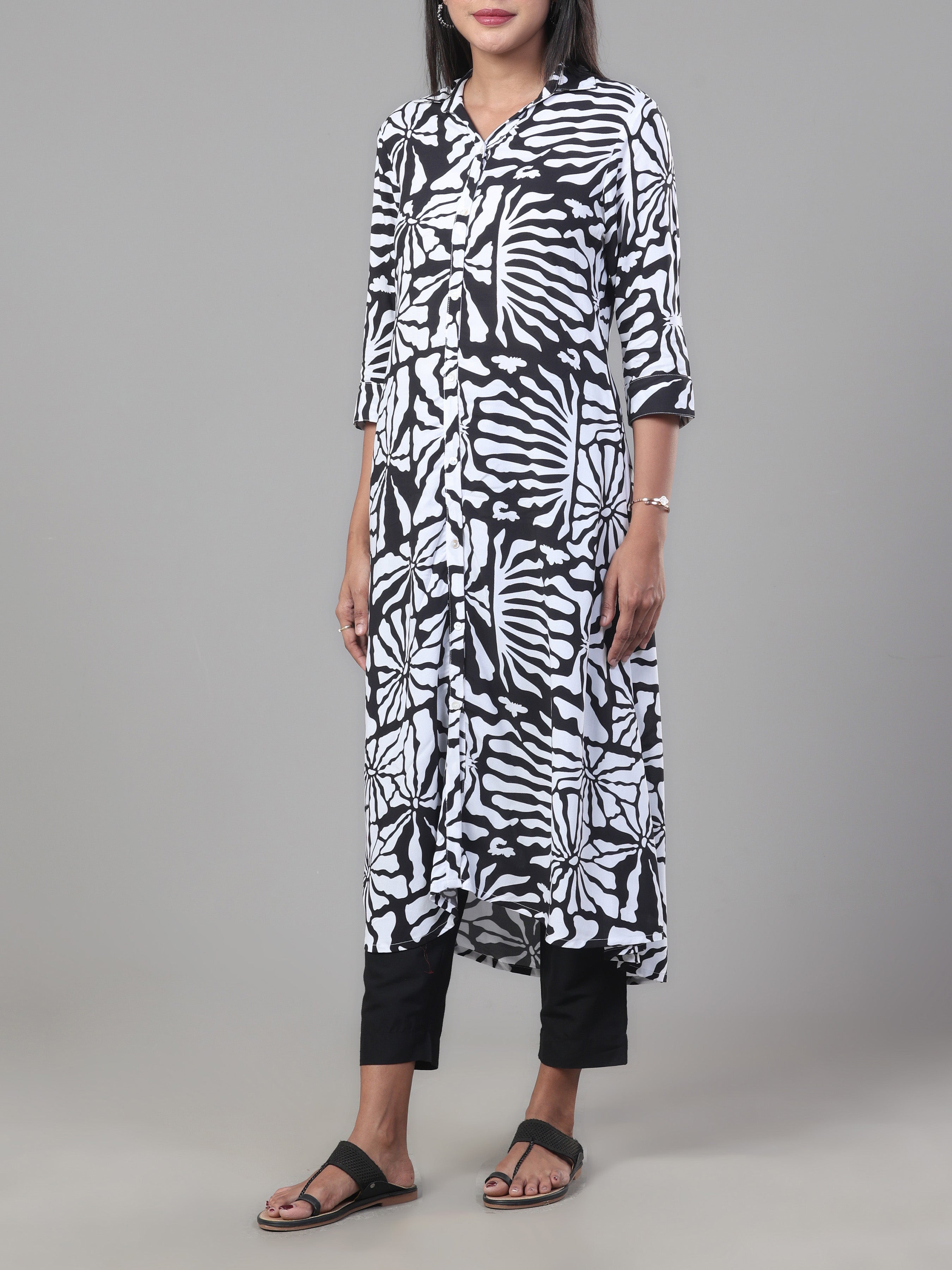 Black And White Viscose Printed Kurti