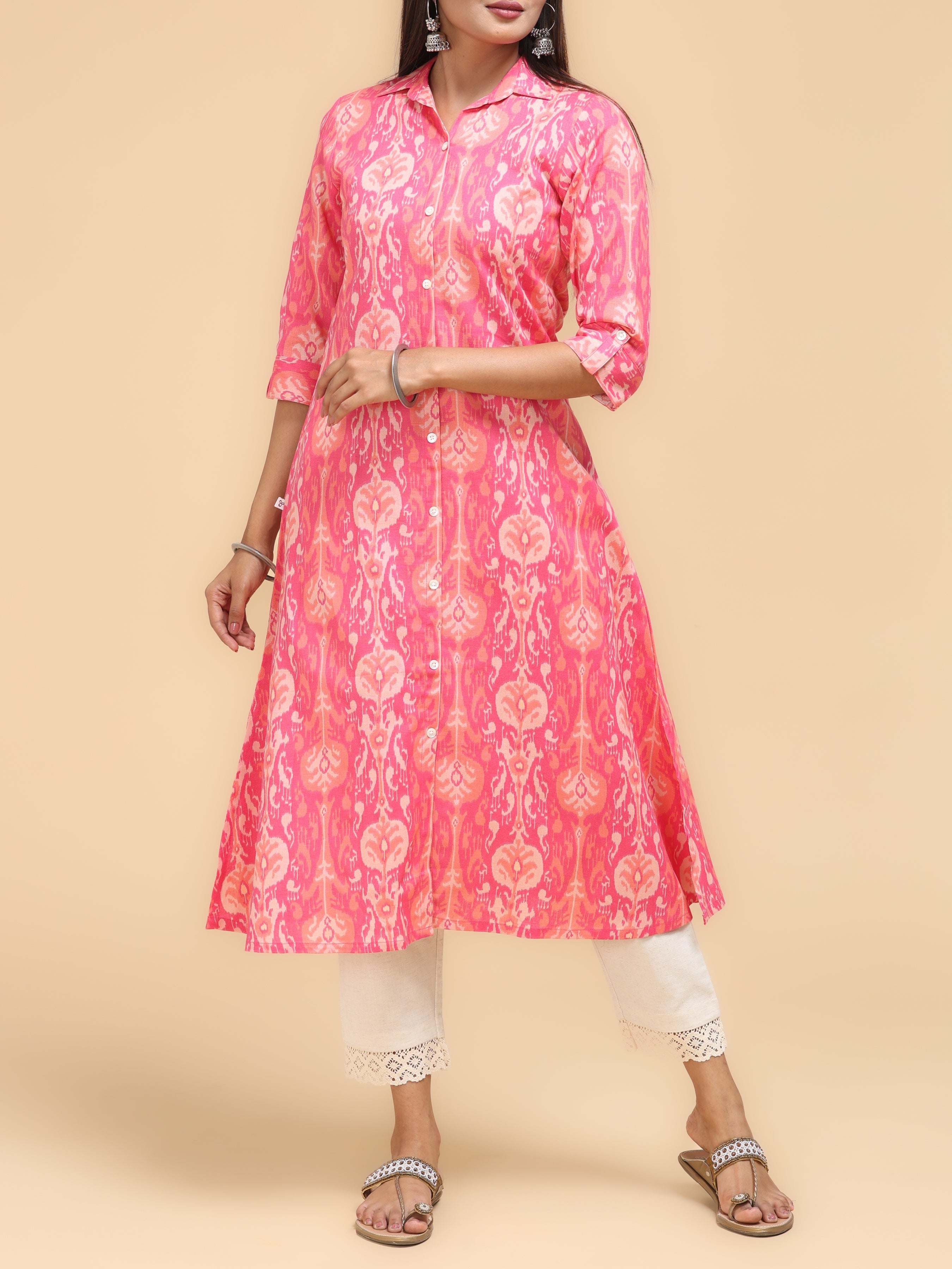 Pink Cotton Flax Printed Kurti