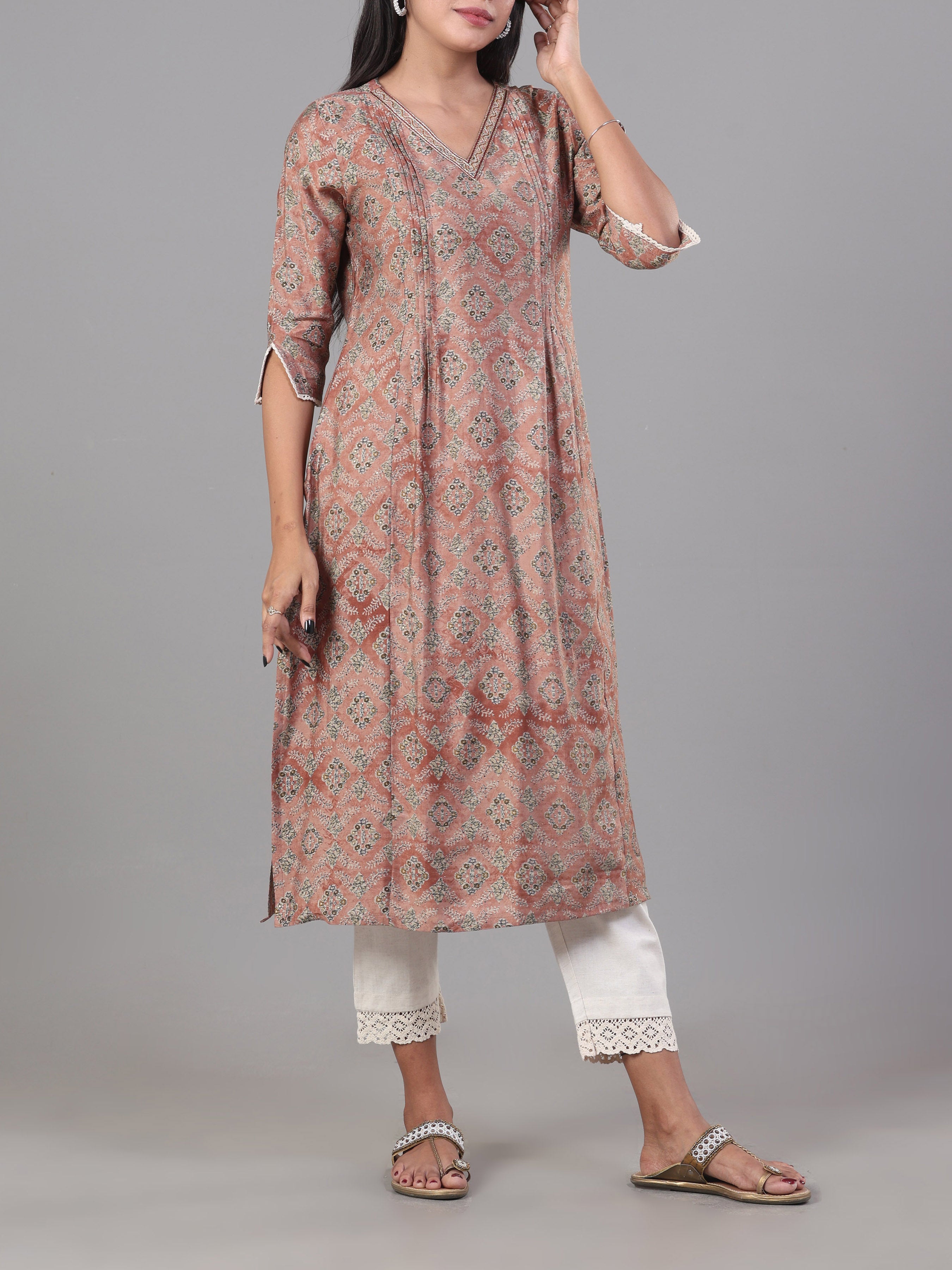 Peach Modal Chanderi Printed Kurti With Embroidery