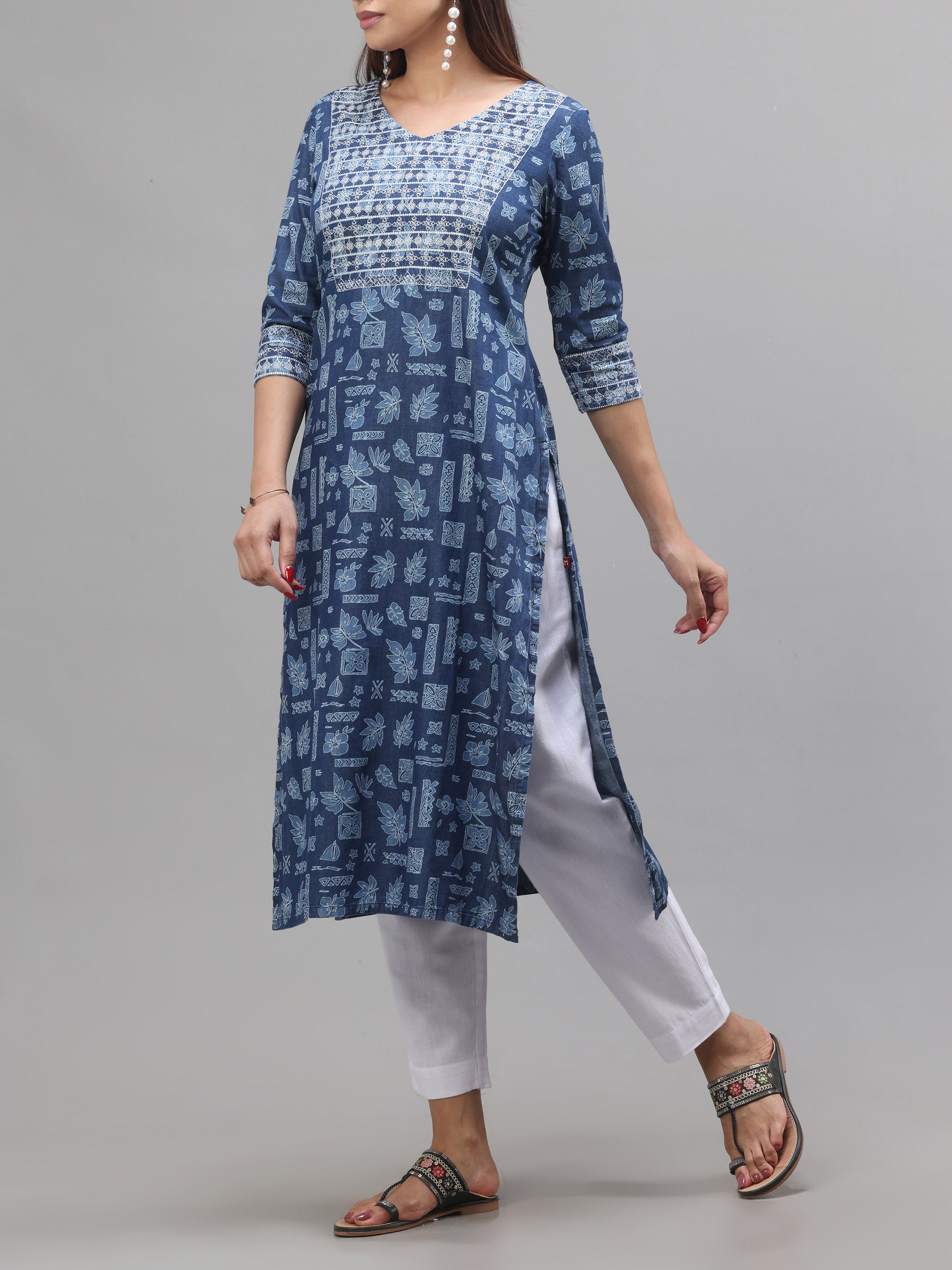 Denim Printed Kurti With Embroidery