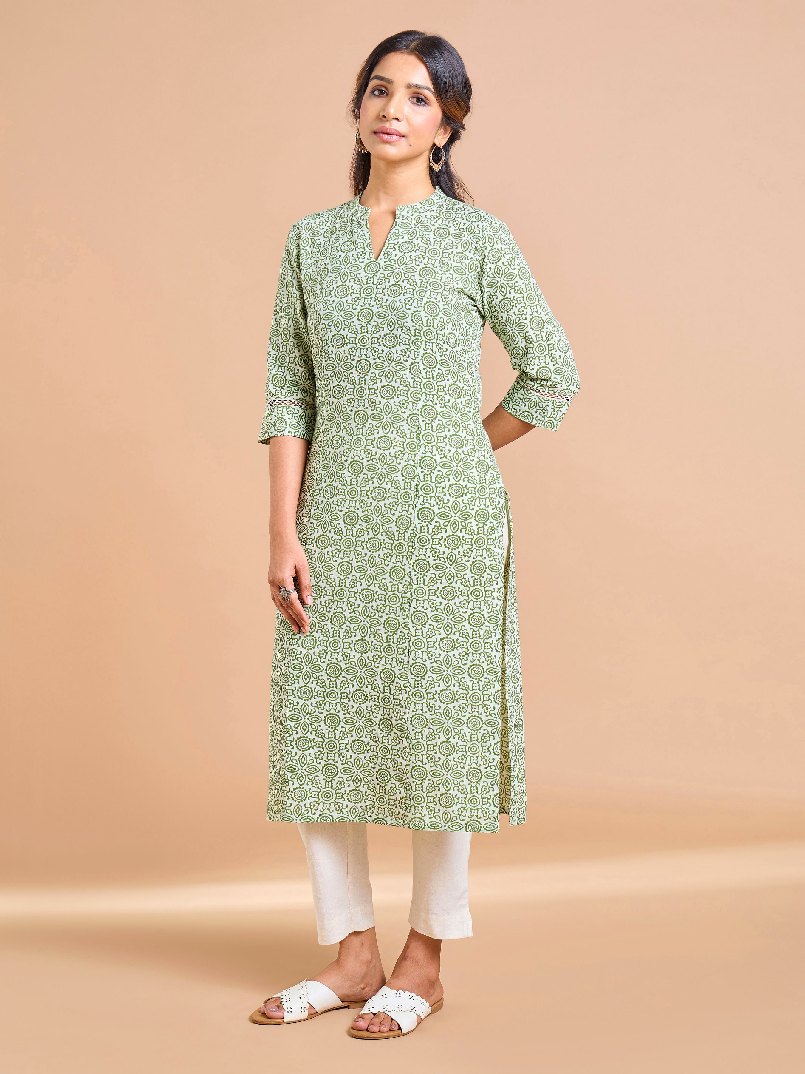Green Cotton Flax Printed Kurti With Lace