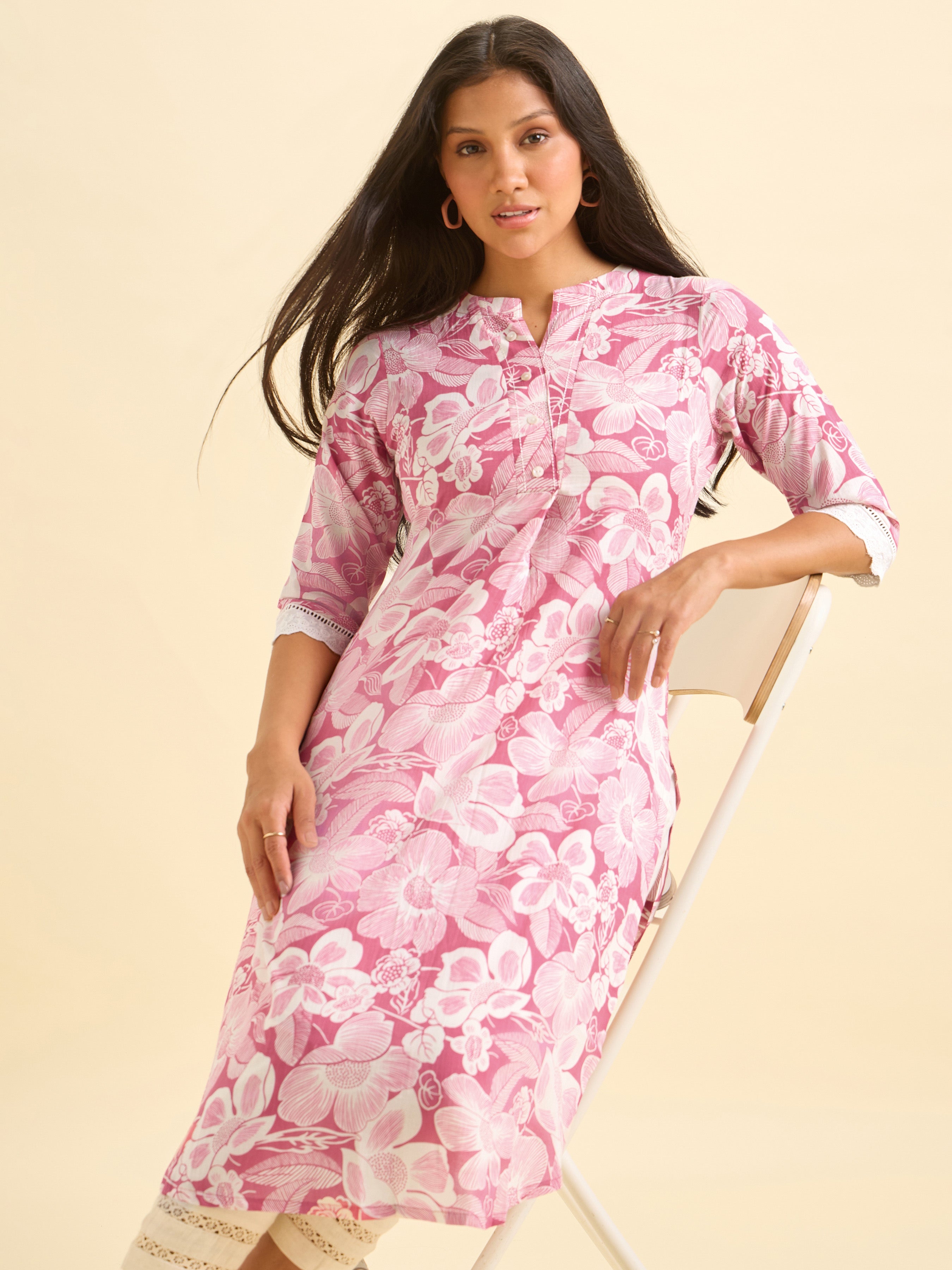 Pink Cotton Printed Kurti With Lace And Running Stitch Embroidery