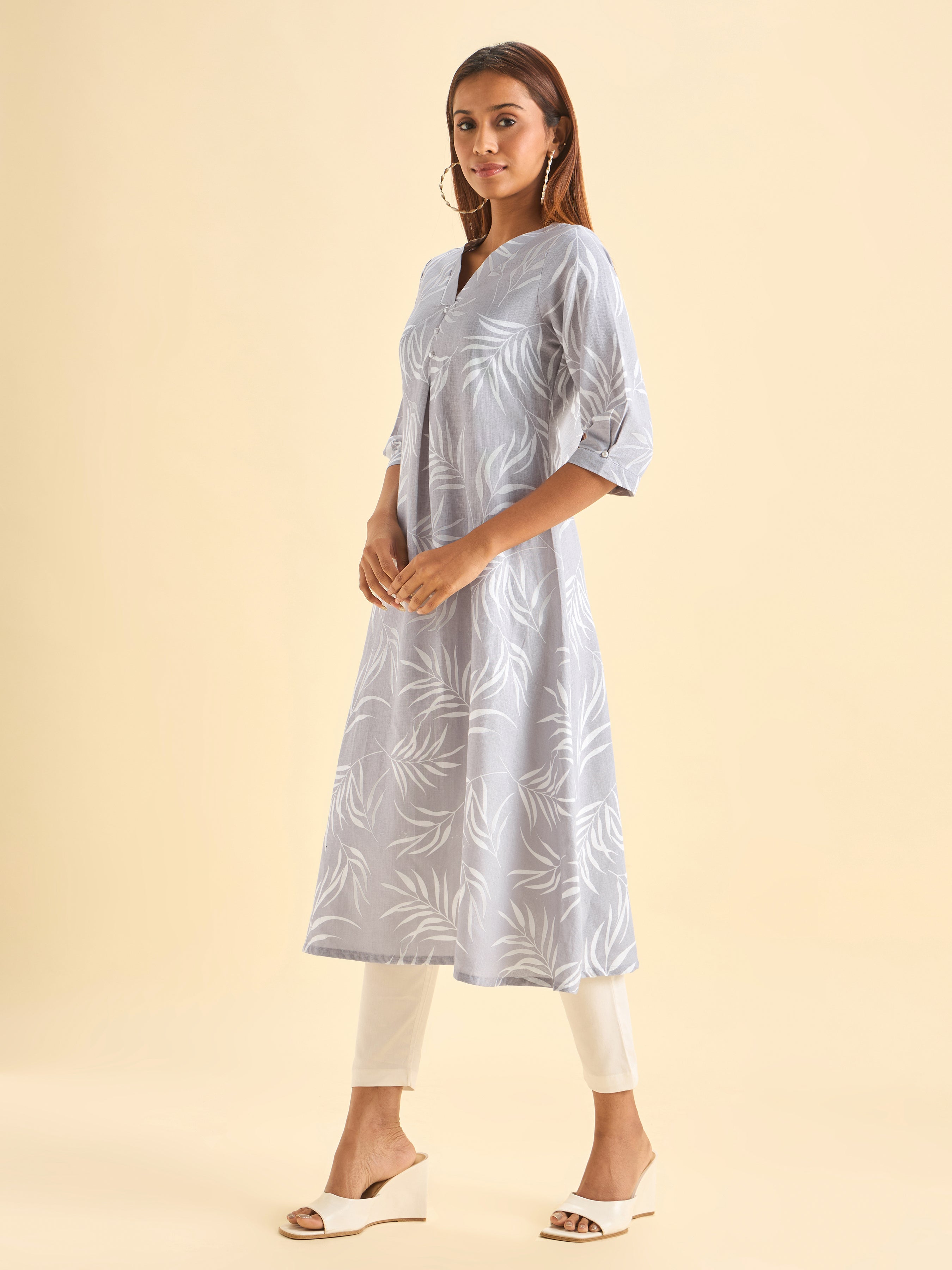 Lilac White Cotton Linen Printed Flared Kurti With Box Pleat