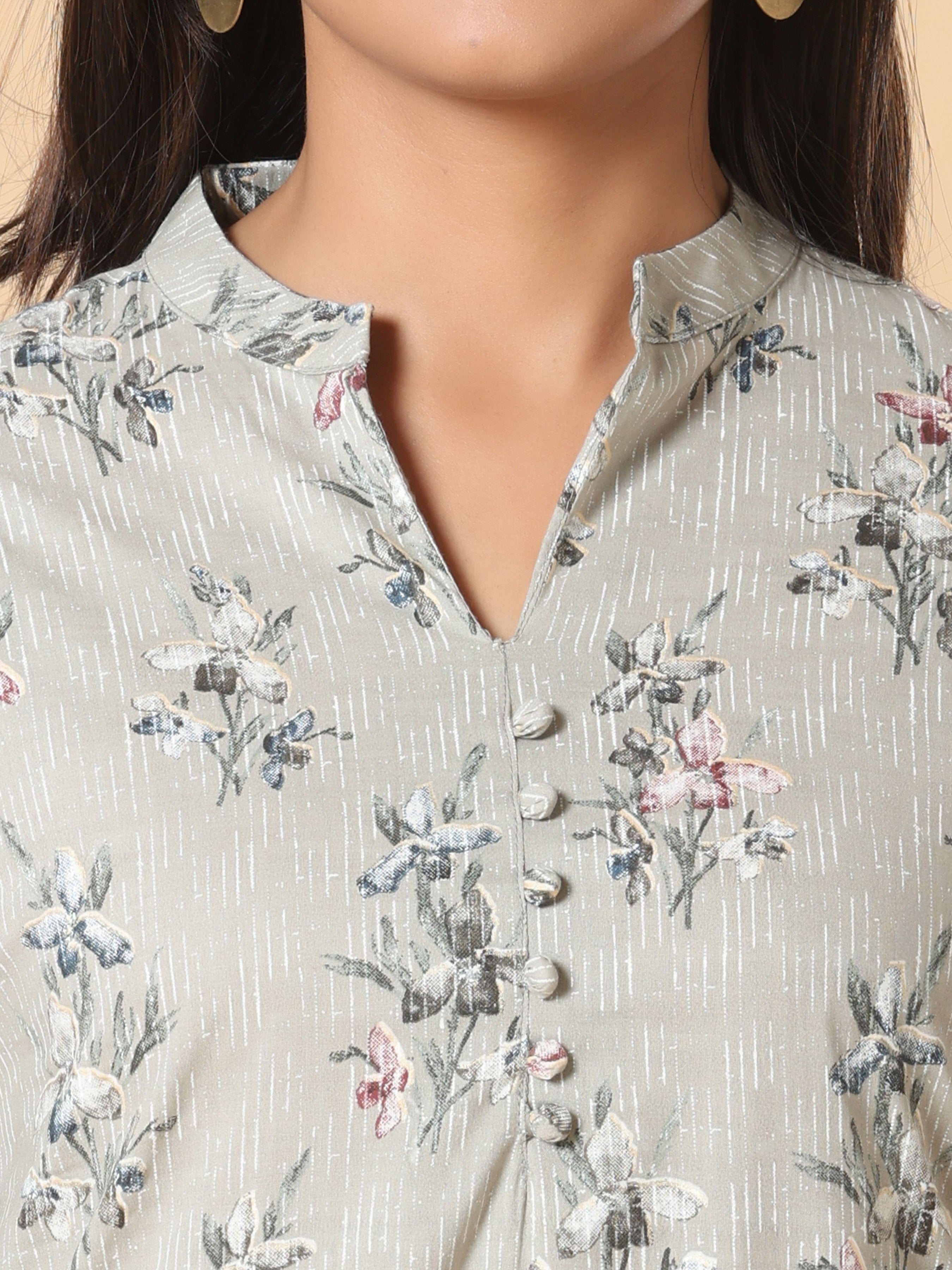 Light Grey Pure Cotton Printed Kurti With Lace Detailing