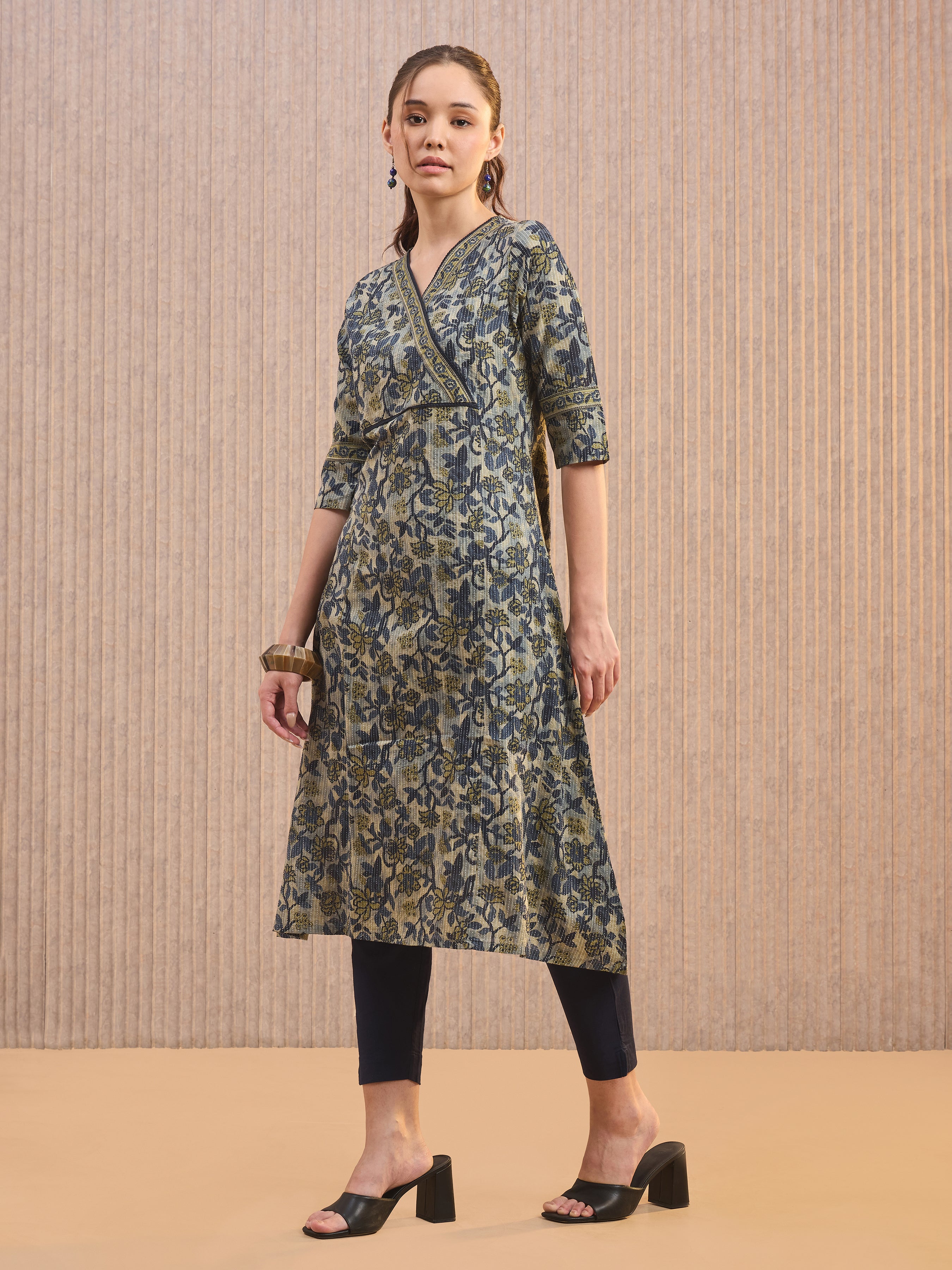 Olive Green Pure Cotton Printed Kurti With Lace Detailing