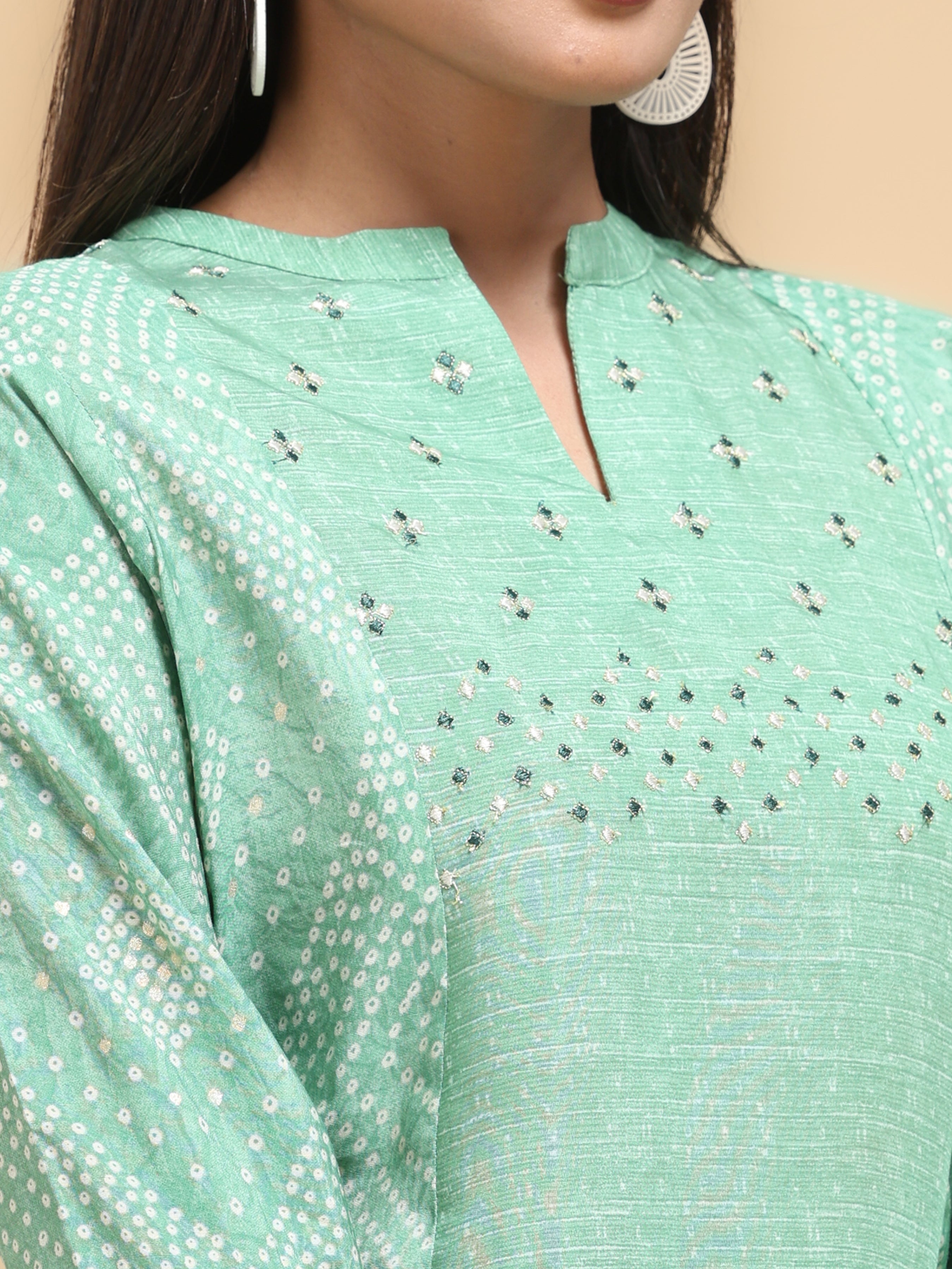 Aqua Green Modal Chanderi Kurti With Print
