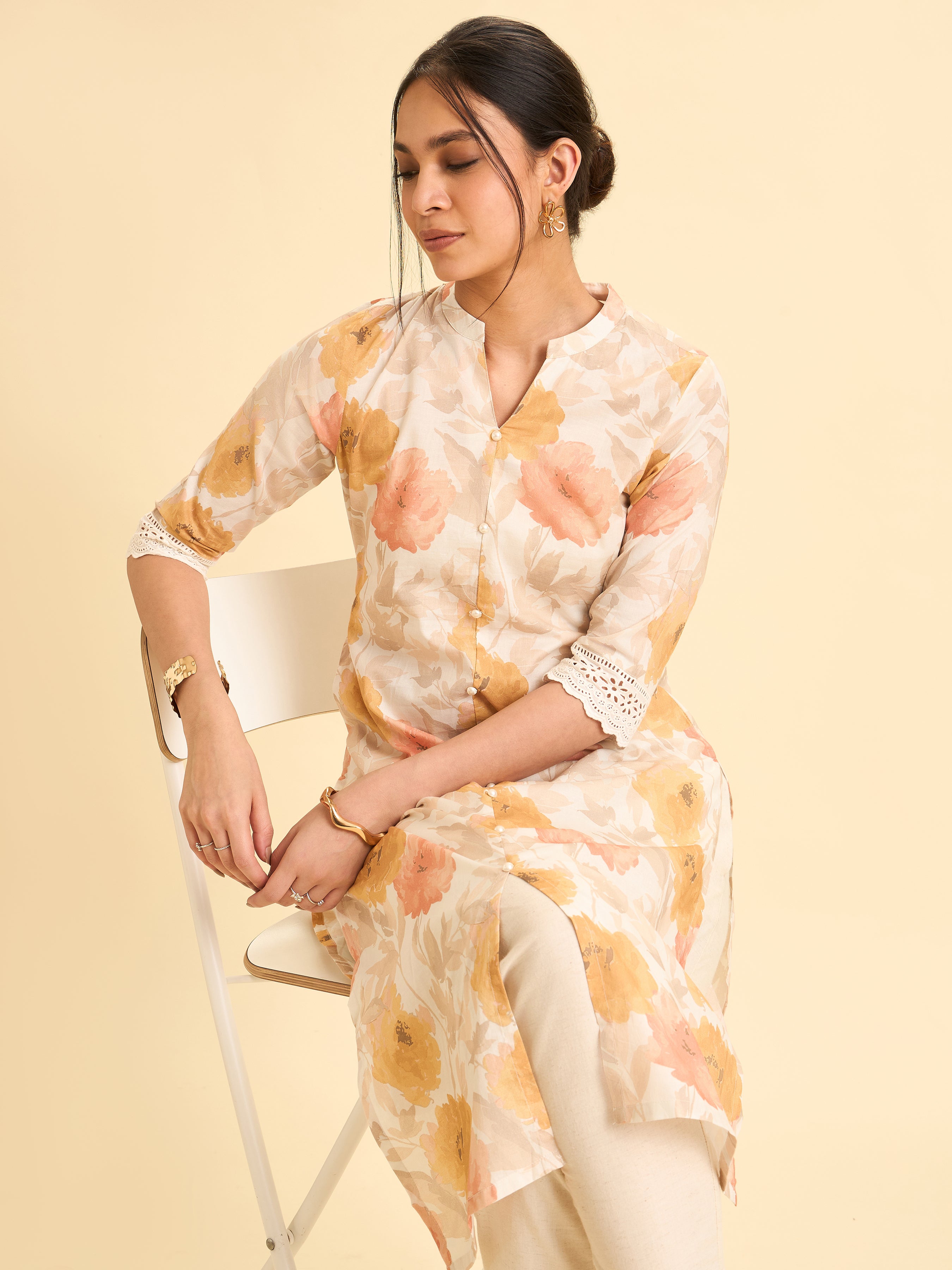 Ivory And Mustard Yellow Pure Cotton Printed Slited Kurti With Lace